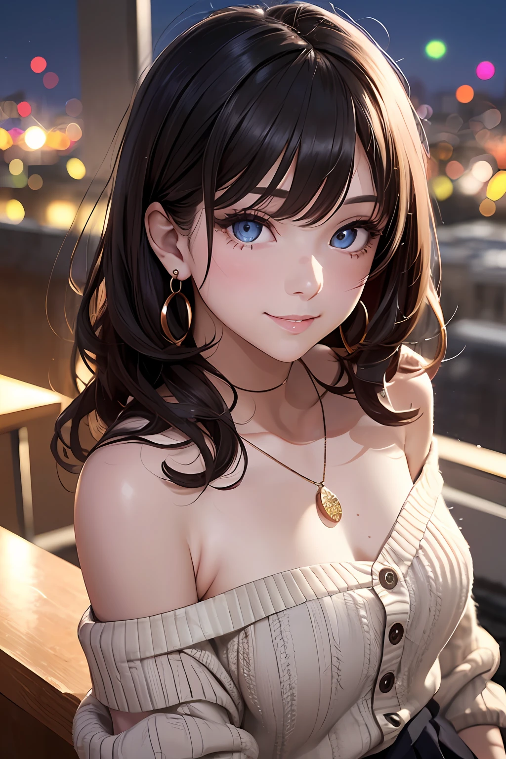 (masutepiece: 1.3), (max resolution: 1.2), (Ultra HDTV: 1.2), cinema lite, Ultra HDTV, (Detailed eyes and skin), (detailed facial features), ultgp, 8K resolution, Sharp Focus: 1.2, Perfect Style, Beautiful Face, accurate, Anatomically correct, Highly detailed face and skin texture, Detailed eyes, Dark-blue eyes, Double eyelids, Thin eyebrows, dropping eyes, (Glitter Eyeliner:1.2), Natural cheeks, Glossy skin, (Fair skin:1.2), shiny necklace and earrings, (Glossy lips: 1.4), break, absurderes, One-person viewpoint, (she is high school Student), (Wearing a Button up shirt, knit Cardigan, Pleated mini skirt), ((off-shoulder:1.3)), (shy smile:1.2), ((Innocent and very cute girl:1.3)), (Layered hairstyle, Wavy Hair), (Dark brown hair:1.2), Medium Long Hair, (Cowboy shot: 1.2), Focus on Face, medium large breasts, ((A Various of sexy pose on Instagram:1.2)), ((In the School Rooftop at night)),
