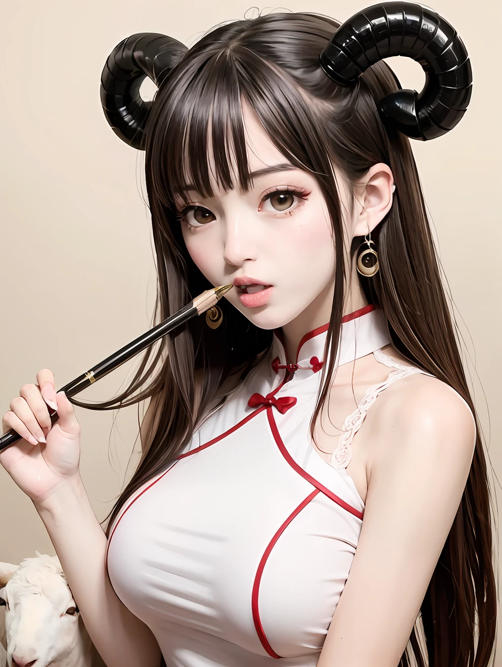 lovly,Eyes resolute,Horns,on cheongsam,pencil drawing,oral sexy,Holding the sheep,Kizi,