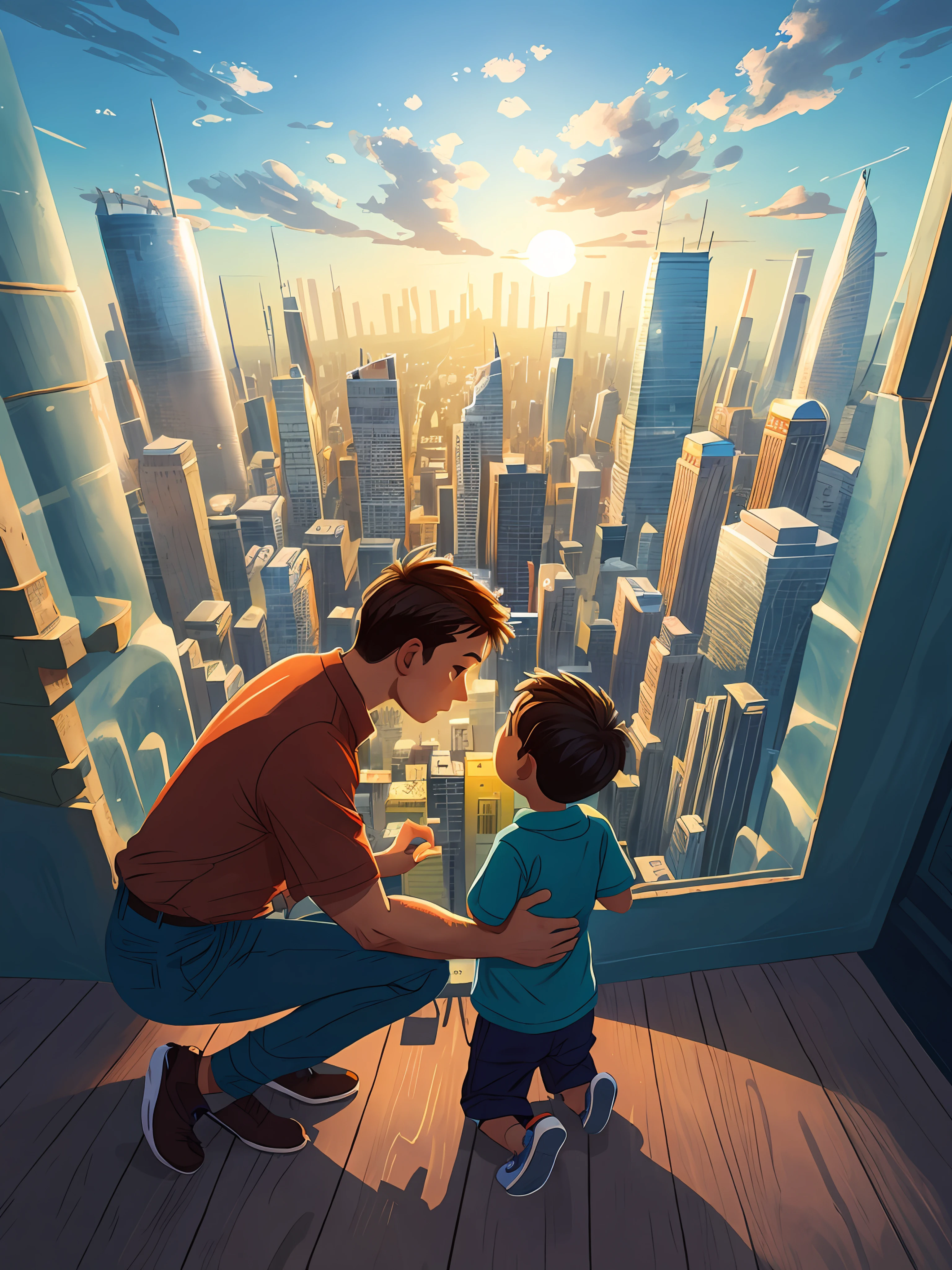 There was a man kneeling in front of a little boy,, looking at the city, overlooking a modern city, sky - high view, father with child,  Sky view