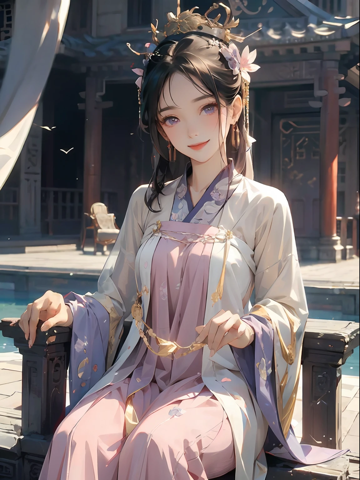 best quailty,tmasterpiece,超高分辨率,1girlhugebreasts,((Black coiled hair)),Purple eyes,Frontal photo,Close-up of,Hanfu,((Lilac plain)),Covered with a layer of white light tulle,He wears a gold coat on his head,Wear long earrings on your ears,There is a bracelet on the wrist,Sit in a chair,She has a beautiful face,The brow curve is slender,The eyes are bright and gentle。Smiling,Scenes:Inside the palace gardens,