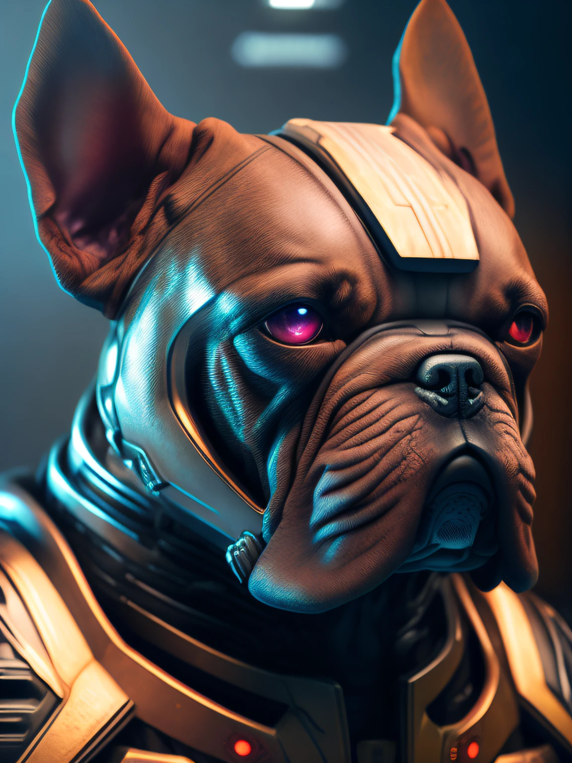 Close-up portrait of sci-fi cyberpunk power armor realistic depicting the dog-shaped robot "Bulldog" for the Doom Slayer