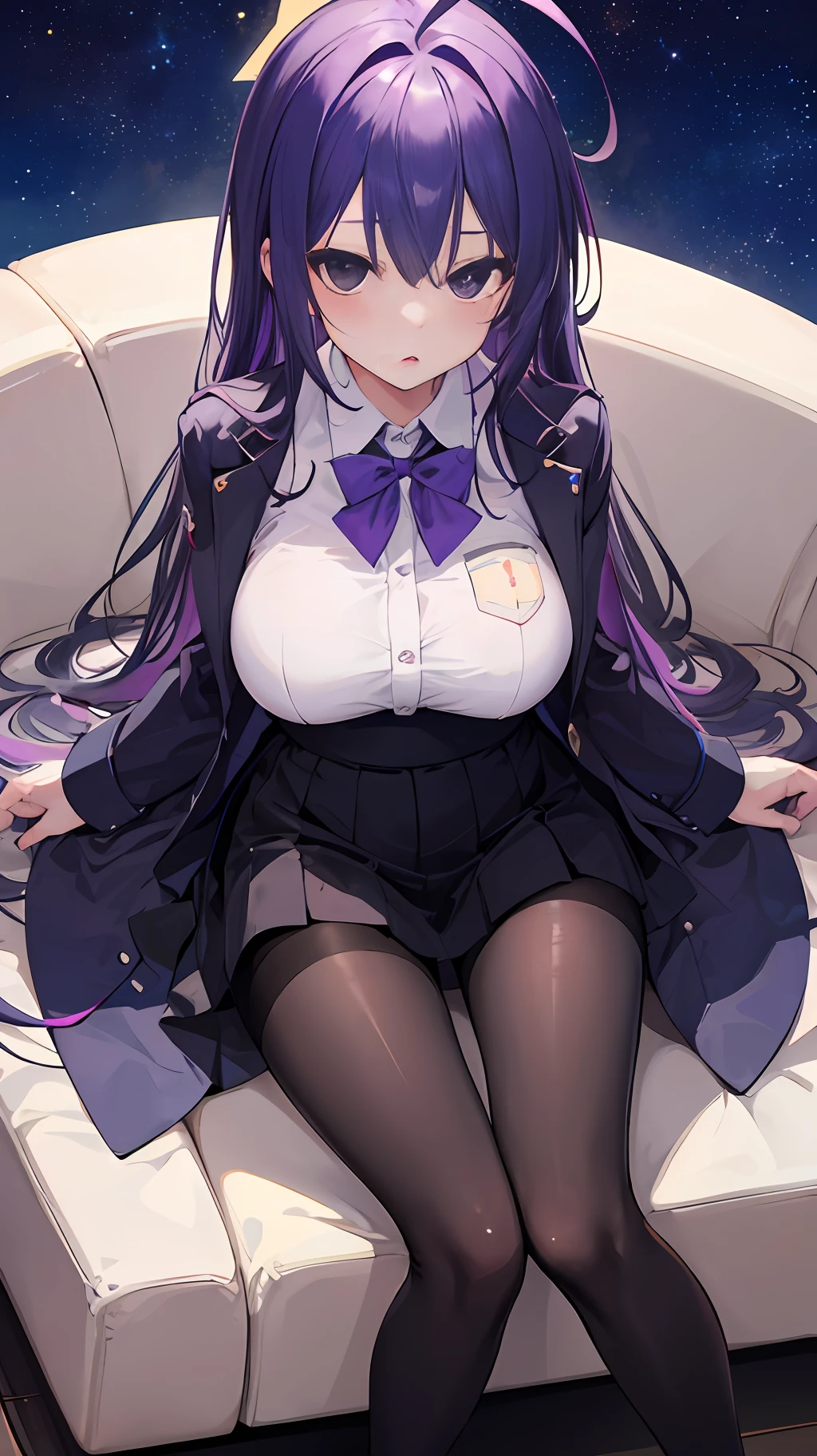 1girlhugebreasts, solo, Sitting, Reclining, From above, Purple hair, Black eyes, Surprised, ahoge, komono, pantyhose++, The tattoo, neck bowtie, The tattoo, Starry sky