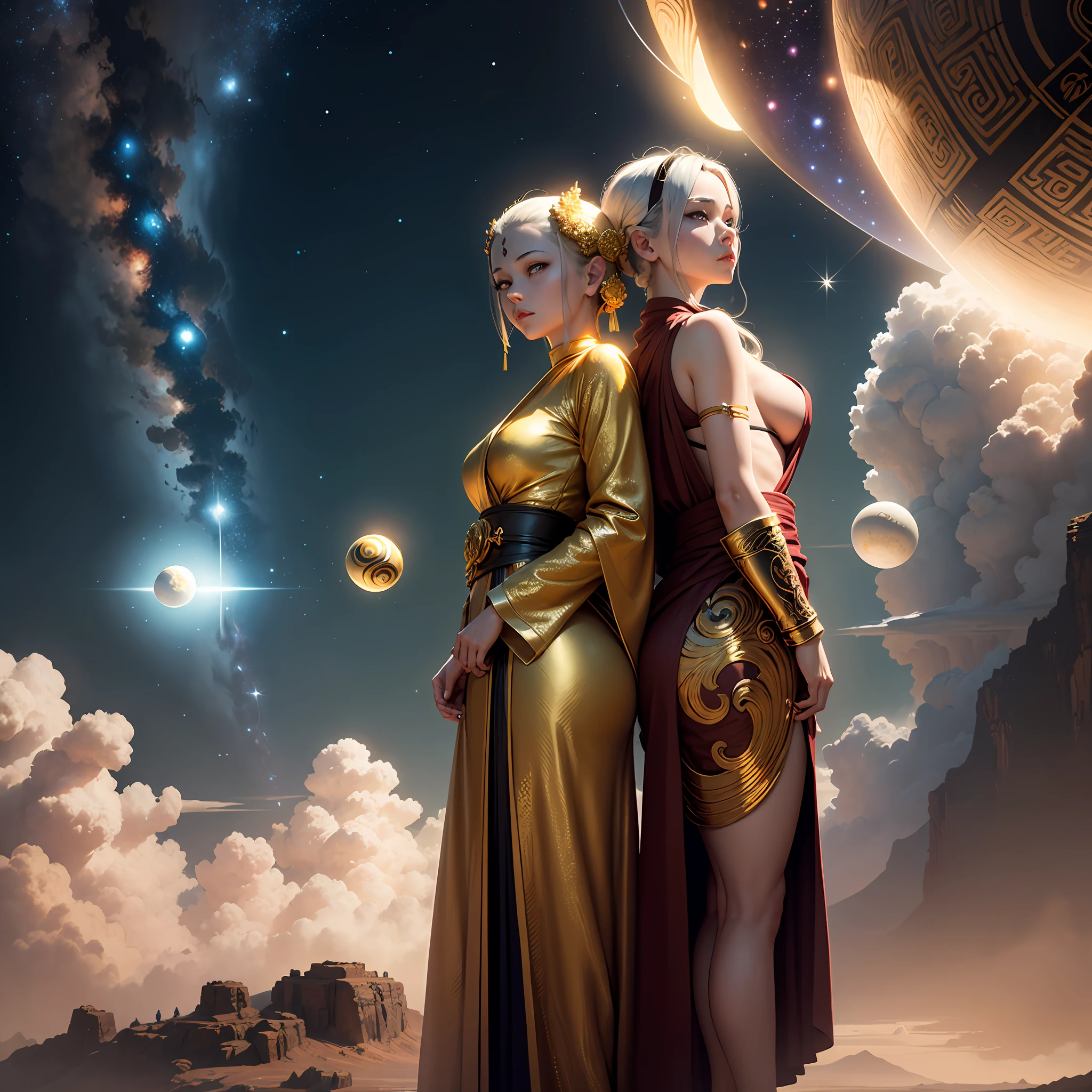 universes,Galaxy River,k hd,fantasy,Two agers,Standing opposite each other,One later has the illusion of the Golden Buddha,Three golden pills,The other eye has double pupils,Back-to-yin and yang,Tremble in the balance,There are many airships and monks watching the battle --auto