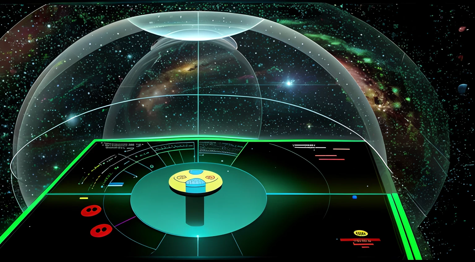 Space inside the sphere,Immersive spaces,There is a dial console in the center,Futuristic,sense of science and technology,greenish tinge