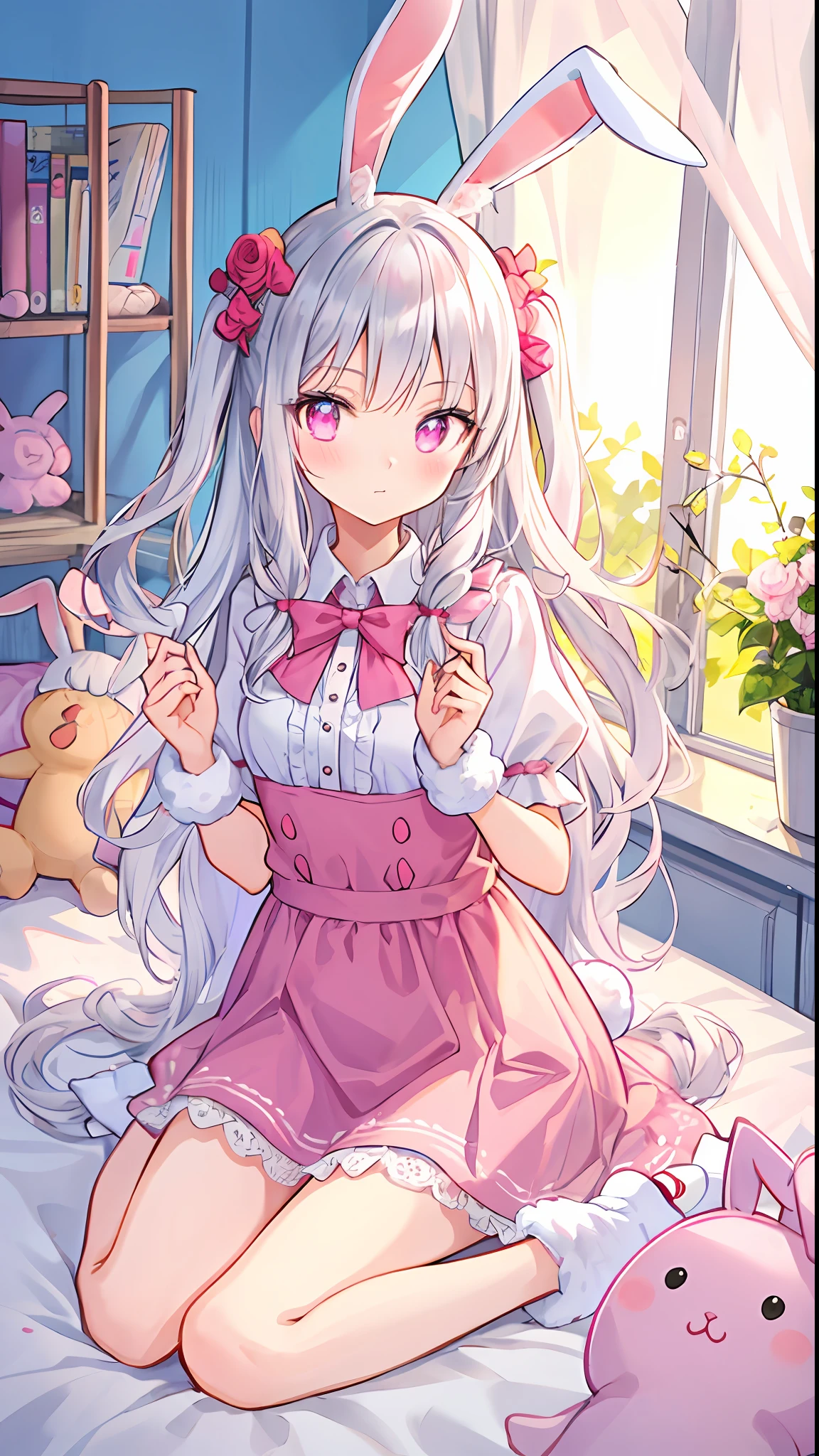 beautiful illustration, best quality, cute girl, bedroom, pastel color, fluffy bunny ears, petite, silver long hair, rabbit stuffed toy, bright lighting, light pink eyes