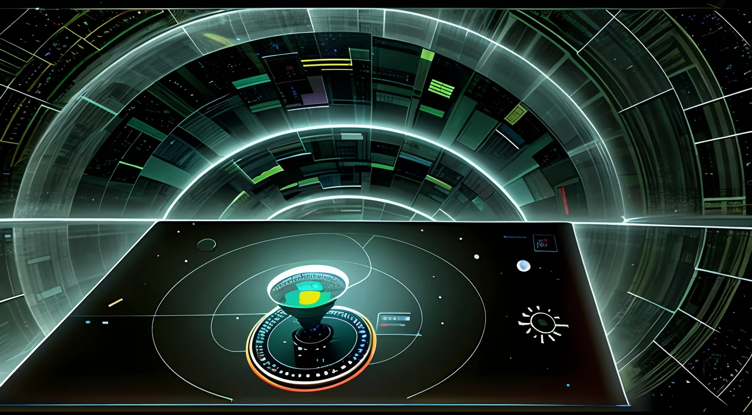 Space inside the sphere,Immersive spaces,There is a dial console in the center,Futuristic,sense of science and technology,greenish tinge