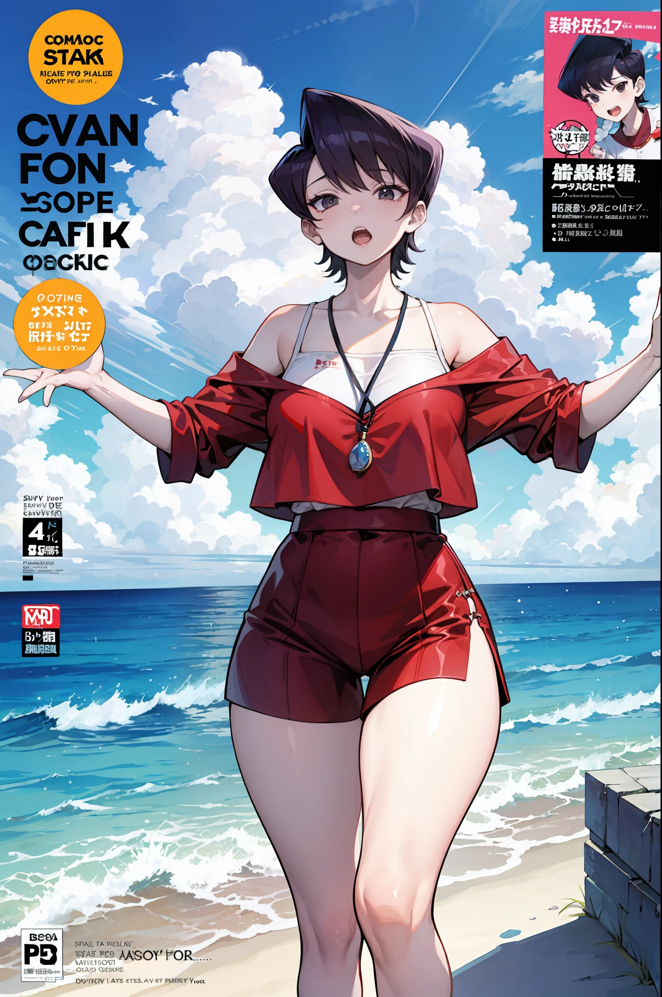 Komi Shuuko,Mature，Fleshy thighs，Comic cover style，Look up at the perspective，Comic title，lovly，Ocean park，Simetall