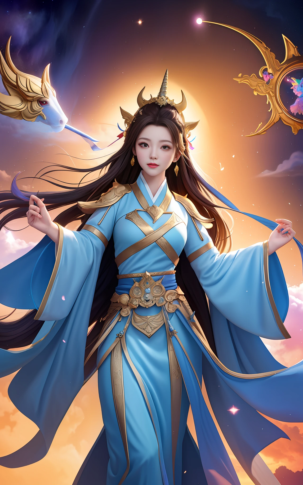 (巨作), Best picture quality, ultra-detailliert, Ultimate restoration CG, (Goddess of War:1.2), Riding a unicorn, Wear a war robe, Standing on the top of the celestial realm, Look down on the gods, (Sky and cloud details enhanced:1.1), (Kirin details increased:1.1), (The robe is rich in texture:1.1), (Goddess detail optimization:1.1), (Streamers and magic glows enhanced behind you:1.2), (Increased brightness:1.1), (Contrast adjustment:1.1)