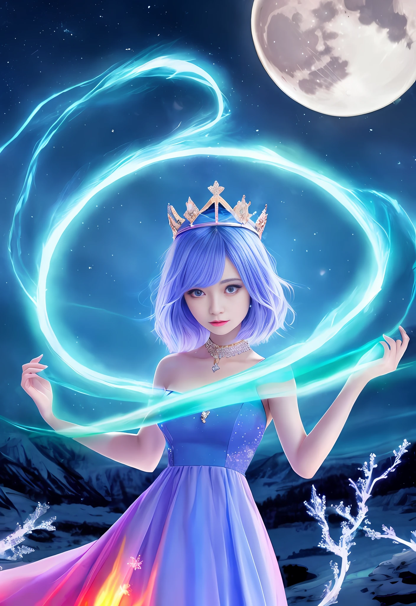 the night，（（1个Giant Breast Girl）），Solitude，tmasterpiece，8k wallpaper，A high resolution，hoang lap，High quality background，bob-cut hair，hair of Multi-colors，Beautiful frozen village，（moon full），a blue dress，Detailed dress，Jewelry skirts，（magia：1.2），blue flame，blue color eyes，glowing light eyes，firey，Ice Goddess，（Blue delicate and beautiful crown），eletric，Blue electricity，Blue light particles