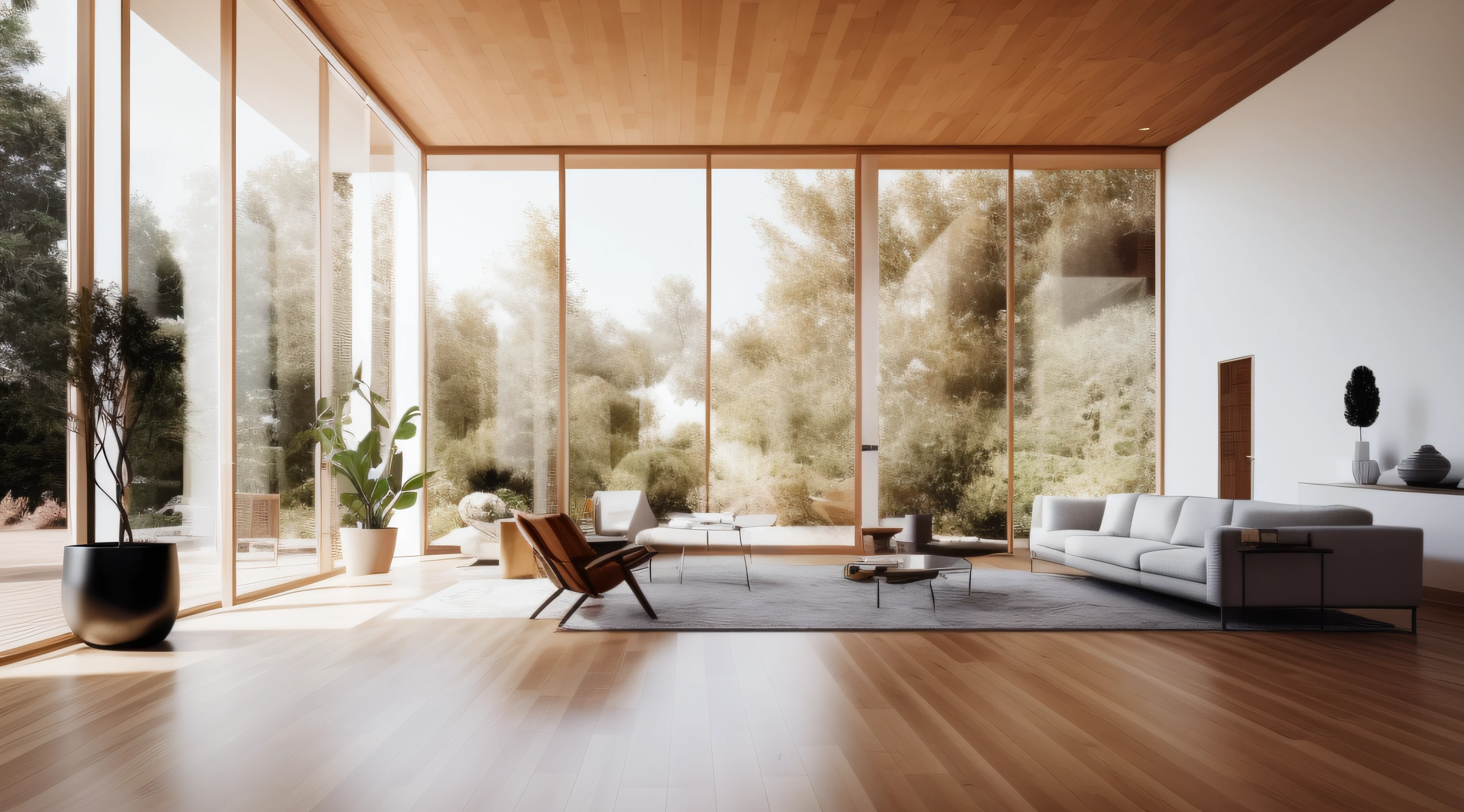 (8K, original photo, best quality, masterpiece,: 1.2), (reality, reality: 1.37), ultra-high resolution, Photon mapping, physics based rendering, spacious villa living room (living room: 1.2), bright light, (brightness: 1.3), wood floor, white wall, large french window, sea view outside the window, (positive natural light: 1.2), sofa, carpet,