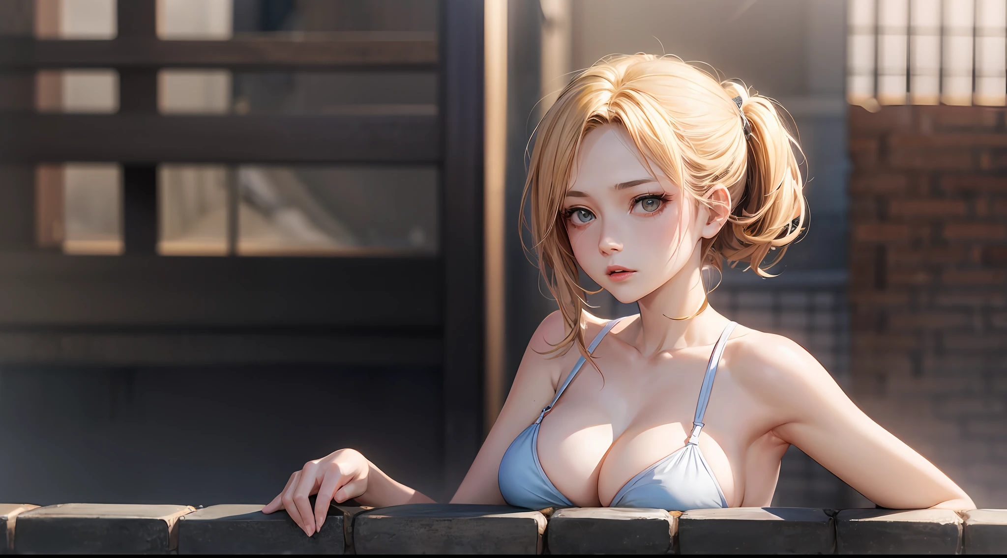 (Attack on Titan、Annie Leonhart)、bath robe、Young、Cute、a beautifulchi girl、Perfect style、tetas grandes、Emphasizes cleavage、deadpan、realisitic、Realistic、8k、richly detailed、beste-Qualit、Top image quality、Super-High Resolution、tmasterpiece、only girl、(Kyoto with a Japan background)、