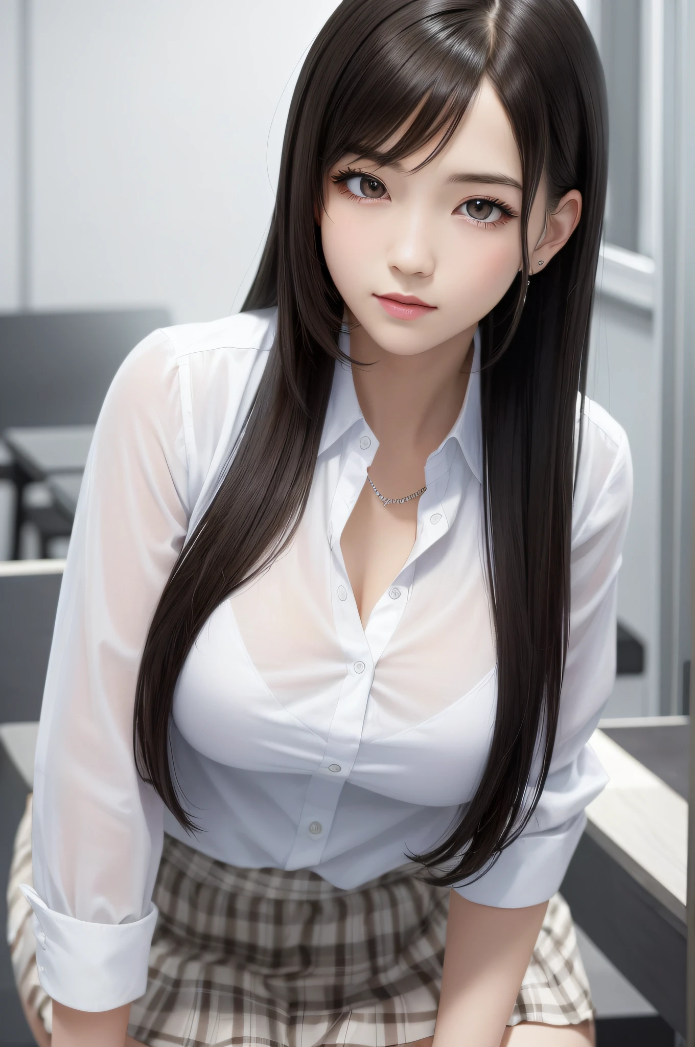 (Top Quality, Masterpiece: 1.1), (Real: 1.4), BREAK (((FF7))) (((Tifa))),(1Girl:1.2),Ultra-detailed face, Detailed eyes,((Light Brown Hair, Large : 1.2)), BREAK (((FF7))) (((Tifa))),((outside,school,summer),(leaning forward),(Nipple rom shirt,clothed) (girl wearing japanese high-school uniform:1.4,plaid pleated skirt, button-down s,long sleeve), BREAK (No Bra) (Small and beautiful hard nipple),(shiny oiin: 1.4), about 18 years old,