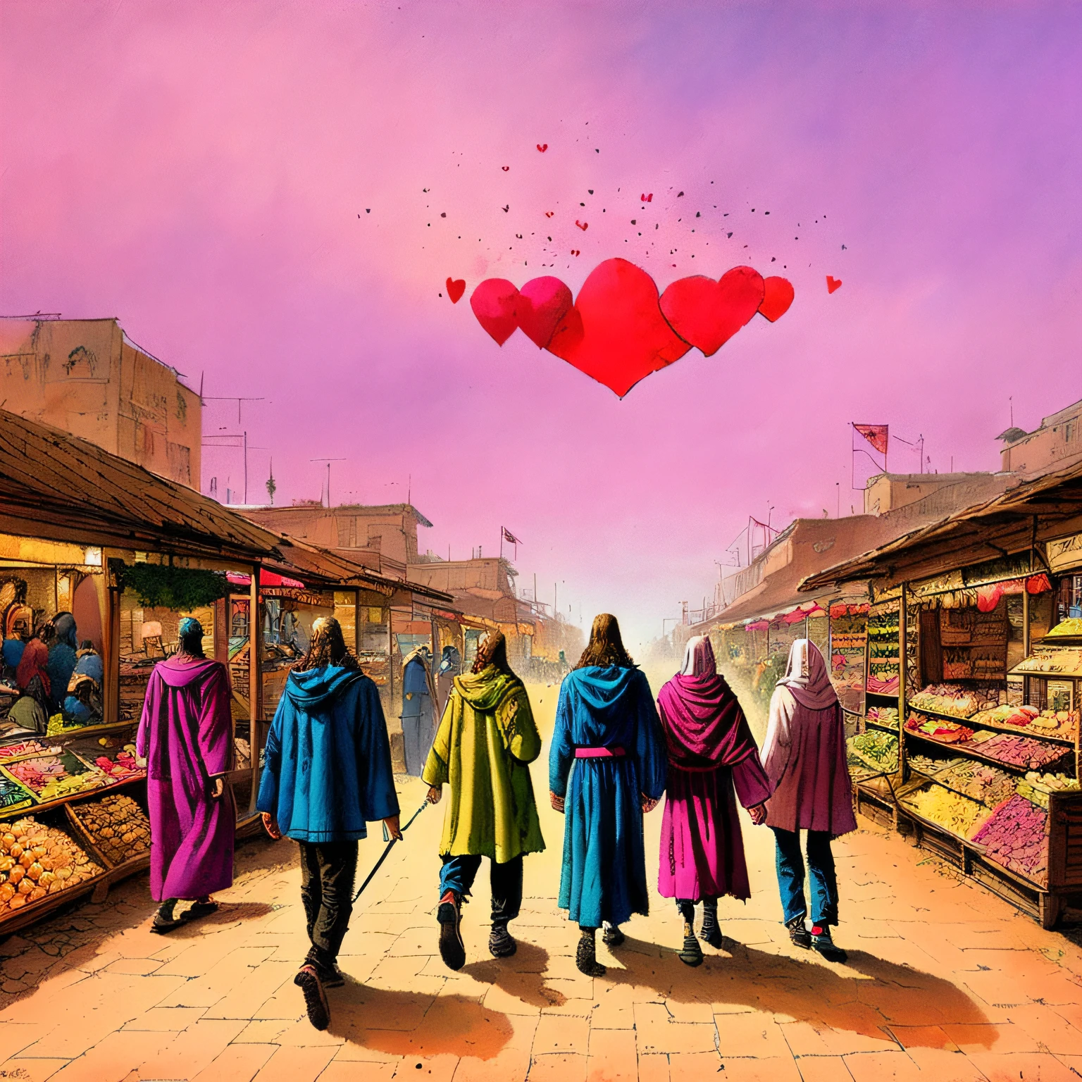 (Portray a scene where Jesus and his disciples are walking through a bustling marketplace, engaging with people and spreading their message of love and compassion.), science fiction, complex scene futuristic, post-apocalyptic
pink-scene, pink-sky
( ink sketch by Enki Bilal)((masterpiece, best quality, )),