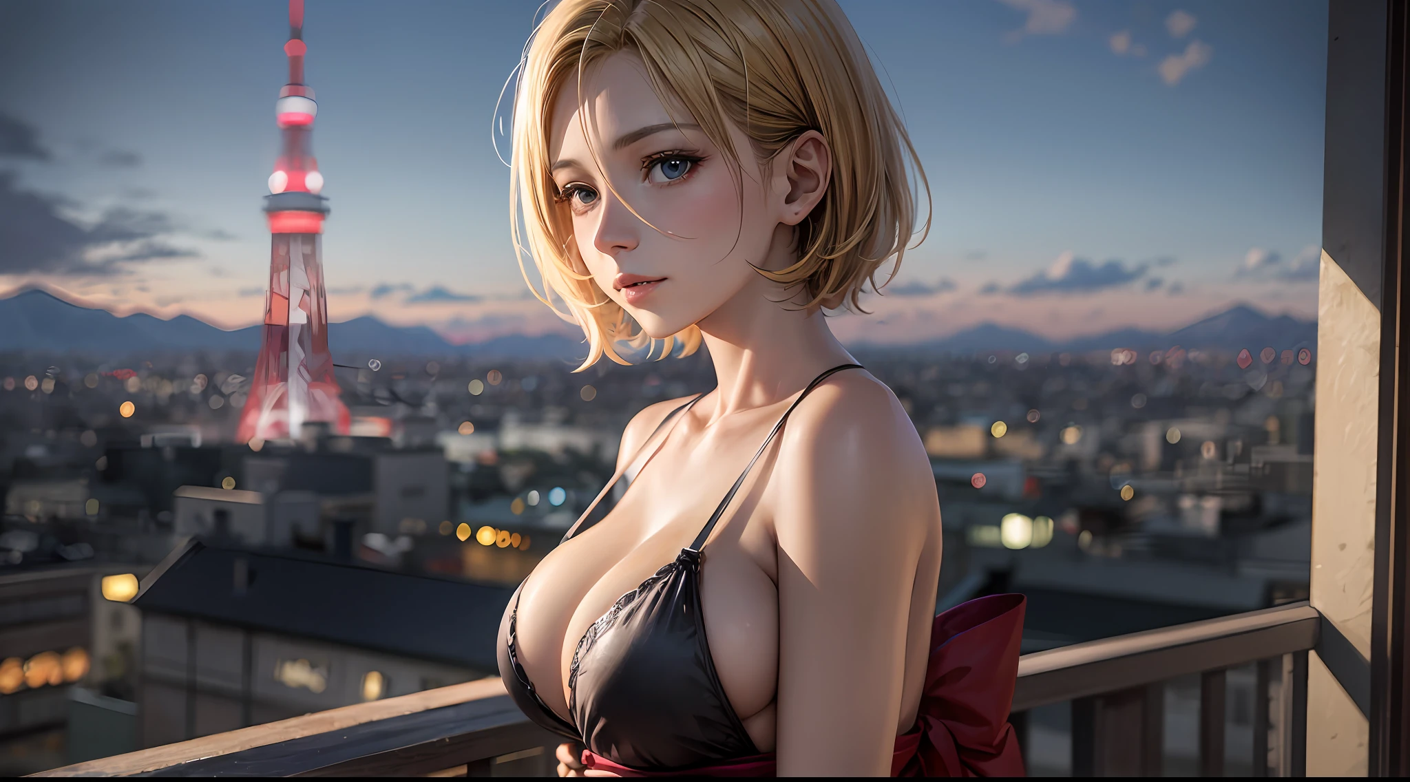 (Attack on Titan、Annie Leonhart)、kimono、Young、Cute、a beautifulchi girl、Perfect style、tetas grandes、Emphasizes cleavage、deadpan、realisitic、Realistic、8k、richly detailed、beste-Qualit、Top image quality、Super-High Resolution、tmasterpiece、only girl、(Tokyo Tower with Japan background)、