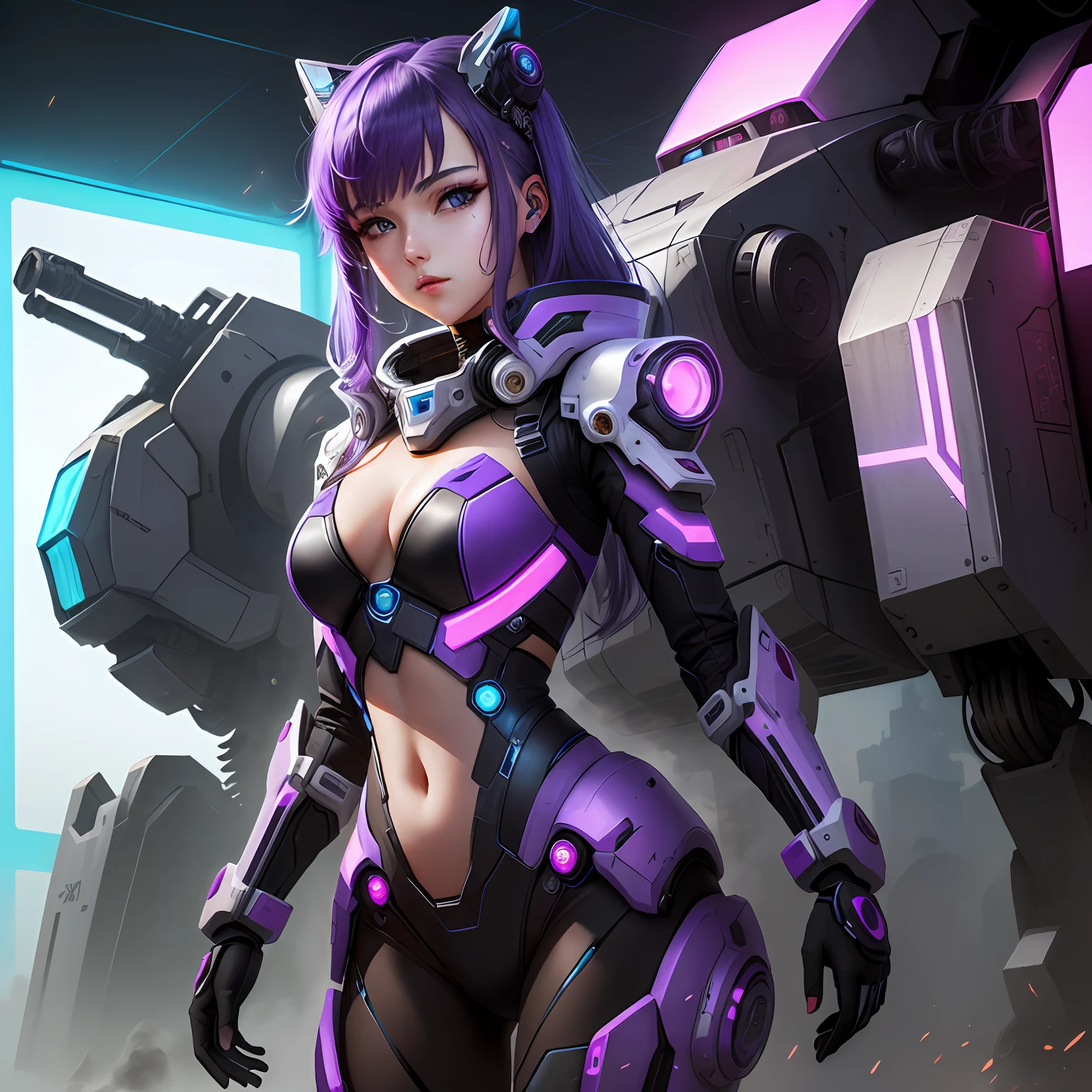 animesque，cyber-punk，a beauty girl，Stand in front of the mech，Domineering，purple color  hair