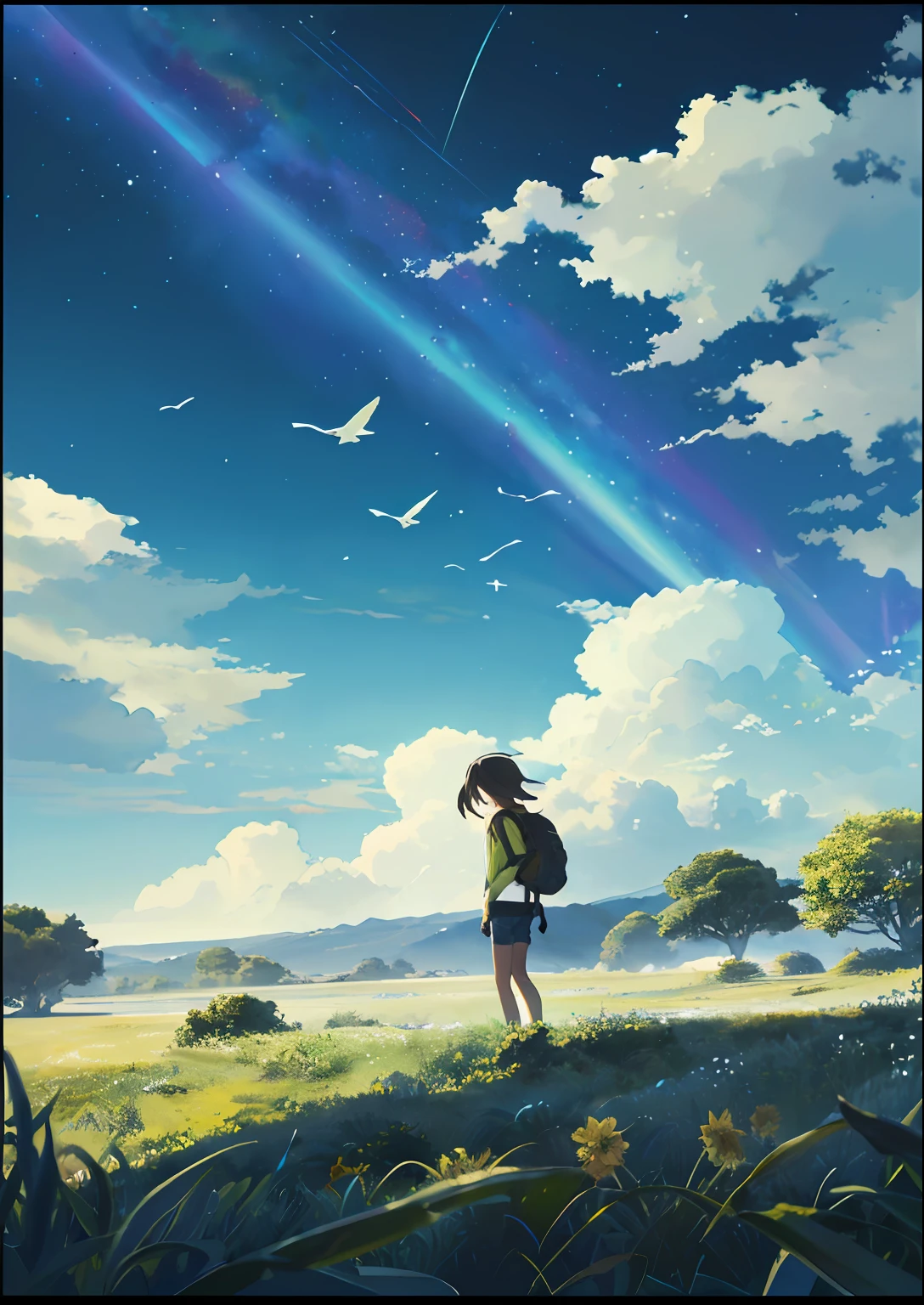 ((The vast sky+large grassland+breathtaking scenery: 1.2+dramatic picture),(beautiful skyline+high hanging Polaris+colorful natural light+best illumination)), moving visual effects,((1girl)+ Long-sleeved top + denim shorts + backpack + delicate face: 1.2), (dark hair + yellow hair + green hair: 1.3), dynamic pose: 1.2, ((wide shot + dynamic angle + delicate framing), (flying birds:0.9+flowing clouds:0.9)),((watercolor+gradient color effect):0.9), leaves