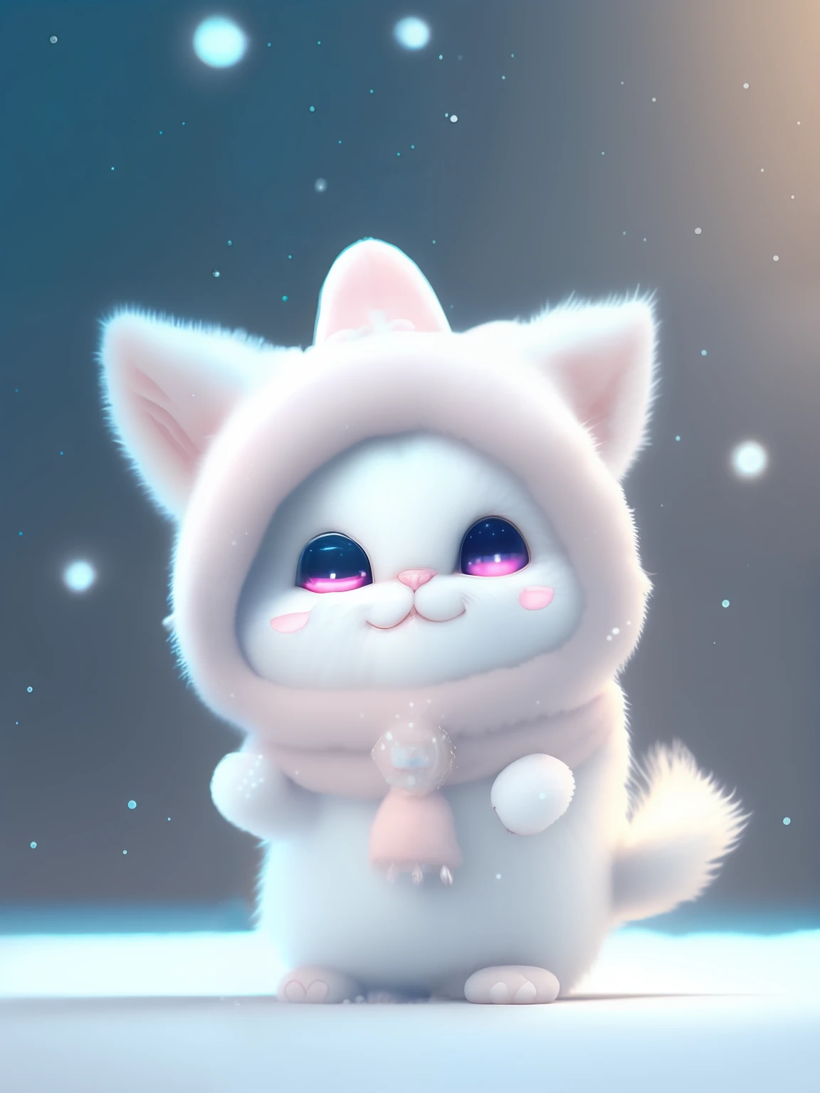 a cute little cat+Snow-white furry,Big bright eyes,A sweet smile,A sweet smile,Open-mouthed!!!,Dress up as a fashion model,Wearing a stylish suit with pink crystal texture,Hats and handbags,Snow white fluffy,Big bright eyes,Big bright eyes,standingn,Fluffy tail,Winter rises,The snow flutters gently,Extremely detailed 3D animation renders symmetrical center position, Super realistic, super detailing, posh, 3, 电影灯光, ultra clear details, Ultra-transparent material, Close-up of, complex texture, rendering by octane, zbrush, 8K, Ultra-realistic UREAL,Open-mouthed!!!,To the right!!!
