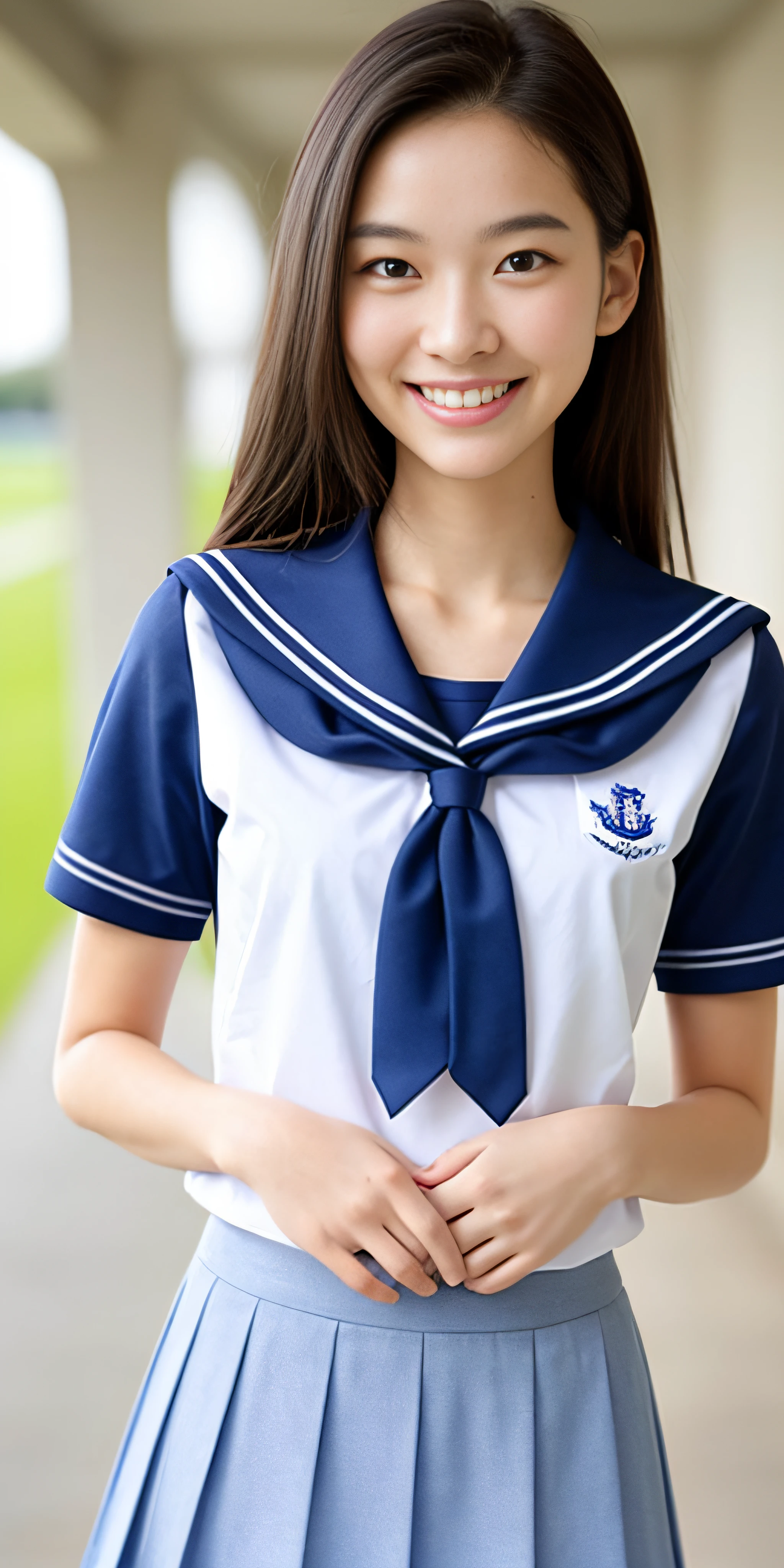 neat college girl, (school uniform, sailor uniform, ribbon tied at chest, summer uniform, upper body white, skirt dark blue, short sleeves), outside the athletic field, (slim), photorealistic, detail, skin texture, ultra detail, delicate and sexy collarbone, smile, super detailed face, detailed lips, detailed eyes, double eyelids, small breasts, small breasts, small, small, flat chest