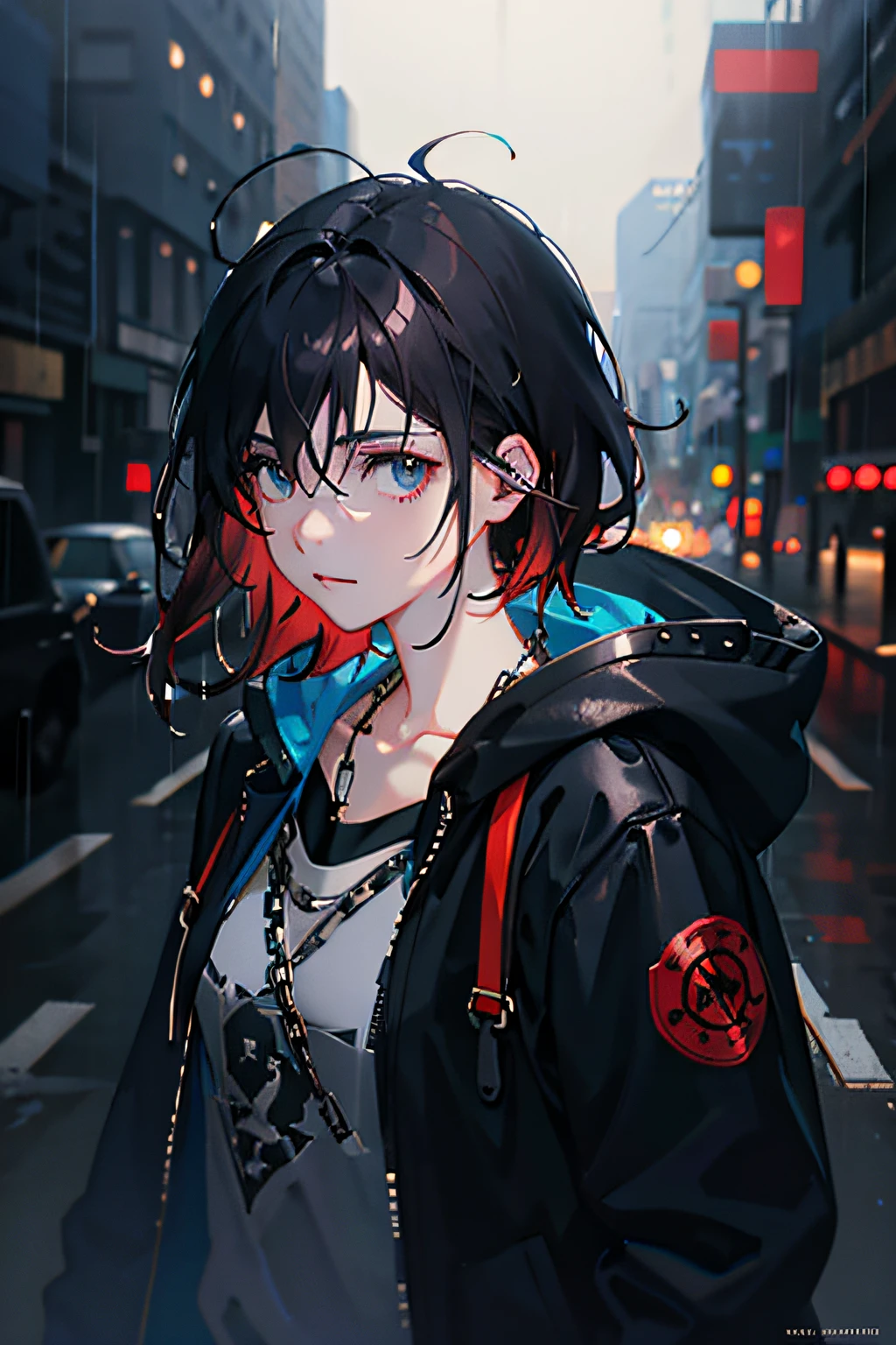1girl, jacket, rain, outdoor, hoodie, open jacket, chain, backpack, looking at another, messy hair, trending on artstation, 8k resolution, highly detailed, anatomically correct, sharp image, digital painting, concept art, trending on pixiv, style of makoto shinkai,