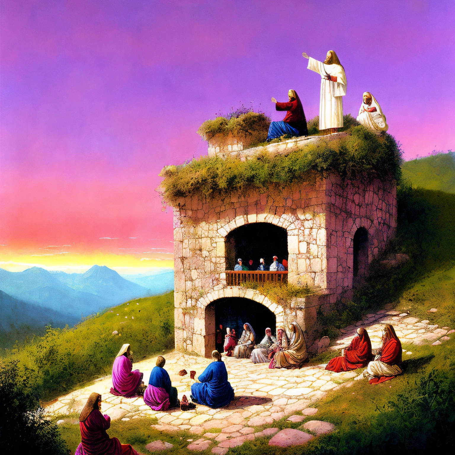(Imagine a serene setting where Jesus and his disciples find solace on a mountainside, surrounded by nature, as they engage in deep discussions about spirituality and the kingdom of God.), science fiction, complex scene futuristic, post-apocalyptic
pink-scene, pink-sky
( ink sketch by Enki Bilal)((masterpiece, best quality, )),