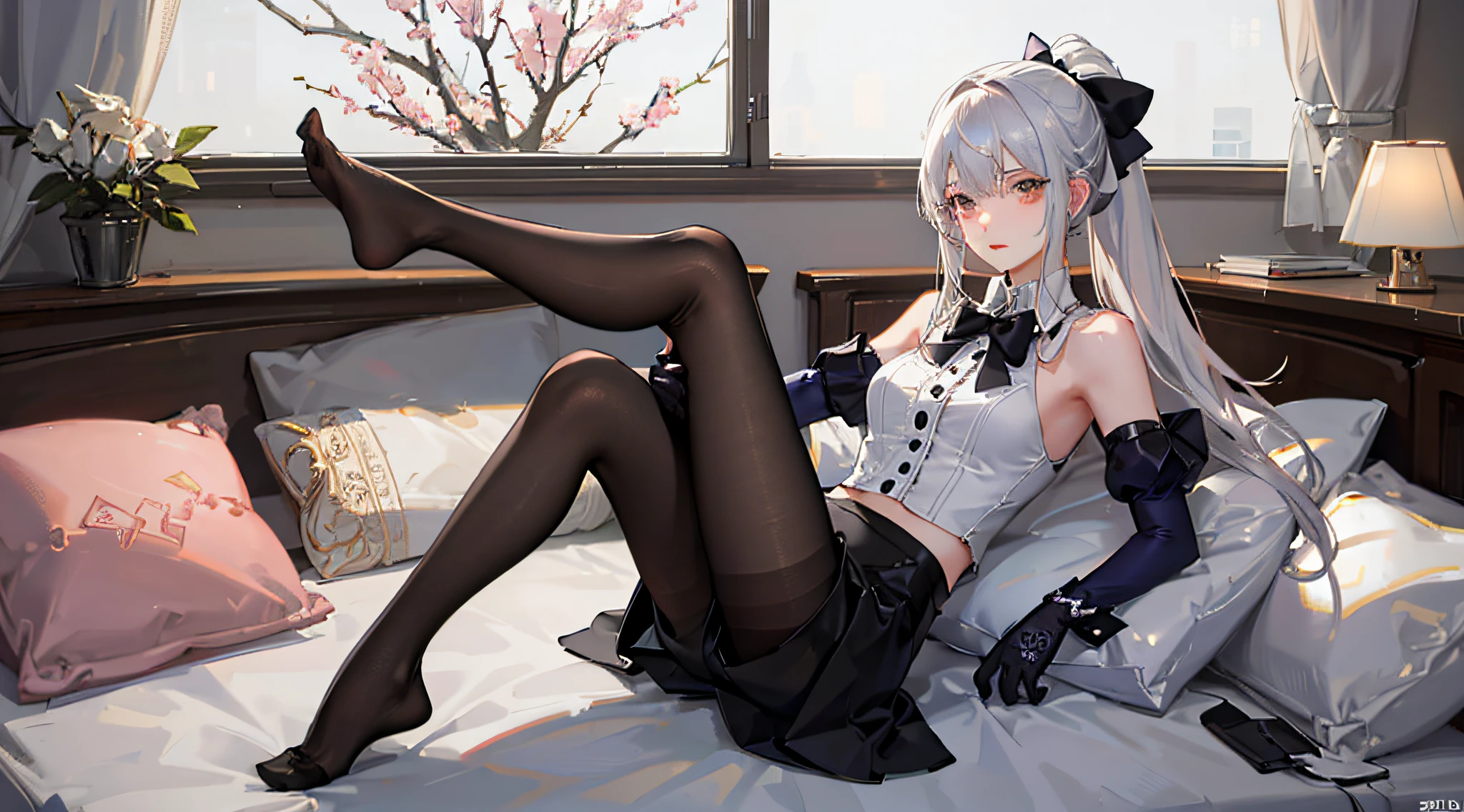 (((1 girl)),ray tracing,(dim lighting),[detailed background (bedroom)),((silver hair)),((silver hair)),(Fluffy silver hair, plump slender girl)) with high ponytail)))) Avoid blonde eyes in the ominous bedroom ((((Girl wears intricately embroidered black high-waisted pants with pantyhose) and white ruffled bow gloves), showing a delicate slim figure and graceful curves, correct limbs, sitting on the bed