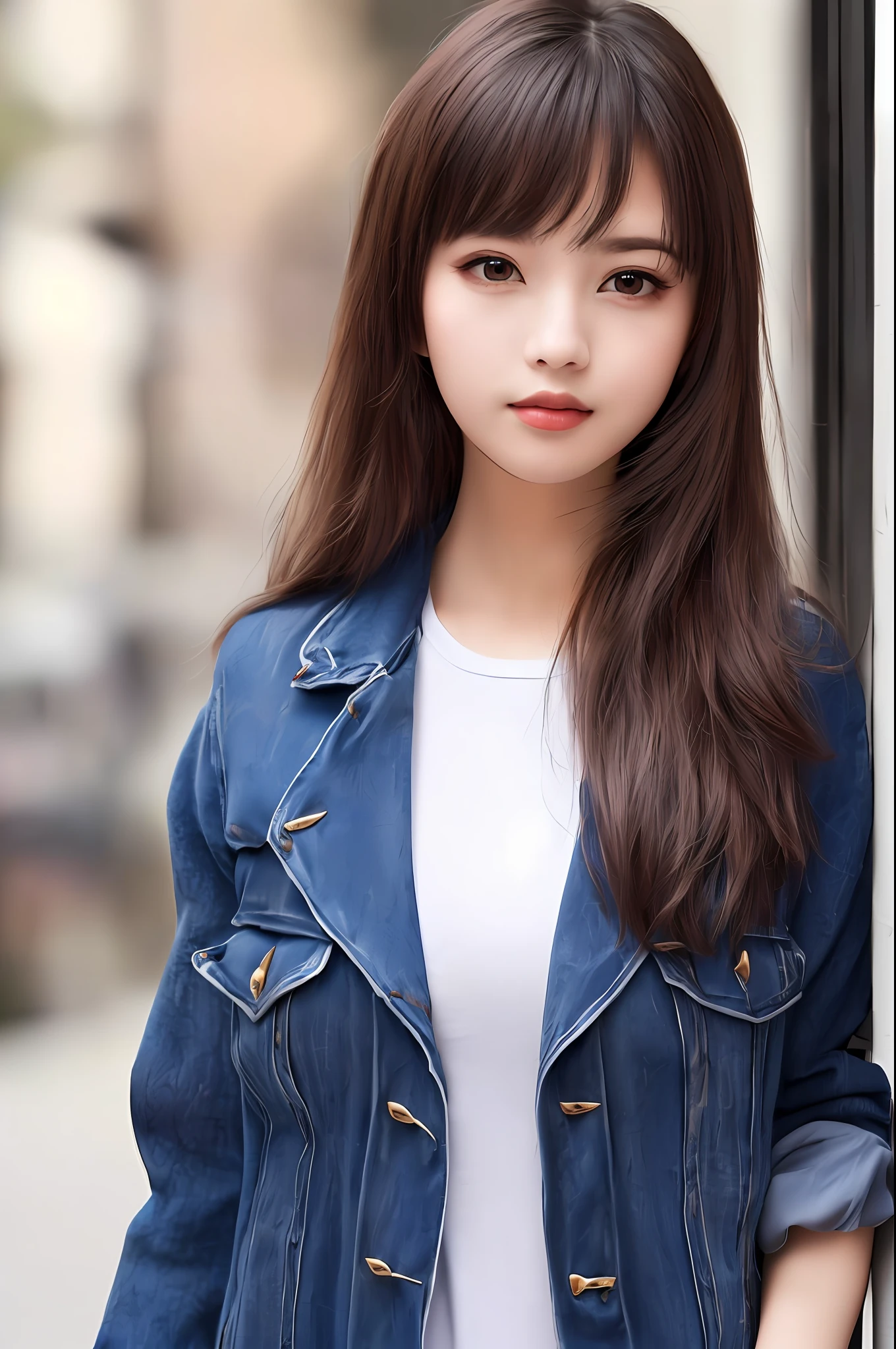 1 girl, crowd street, natural sunlight, best quality, relaxation, relaxation, an extremely beautiful and beautiful, detailed, CG, unity,8k wallpaper, amazing, fine detail, mastery, best quality Official art, detailed CG Unity 8k wallpaper, ridiculous, unbelievably ridiculous, huge file size, super detailed, high resolution, very detailed, beautiful detailed girl, very detailed eyes and face, beautiful detailed eyes, (RAW photo, best quality), (realistic, photo realism: 1.3), light face, full body, full body, black jacket, (triangle face), (light brown hair: 1), long hair, (large) eyes), ((puffy eyes)), ((small breasts)), (fantasy breasts)), (Kpop idol), (aegyo sal), bangs, (wall background)), blank wall, skinny, (eyes), (swelling), happy, looking at the audience, facing forward