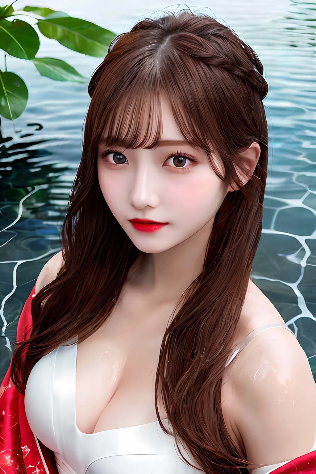 masterpiece,high quality,high-definition,extremely detailed,1girl, detailed eyes, detailed face, large breast,brown eyes,hanfu, red lips,bare shoulders,in water,fine water surface,wet,transparent,