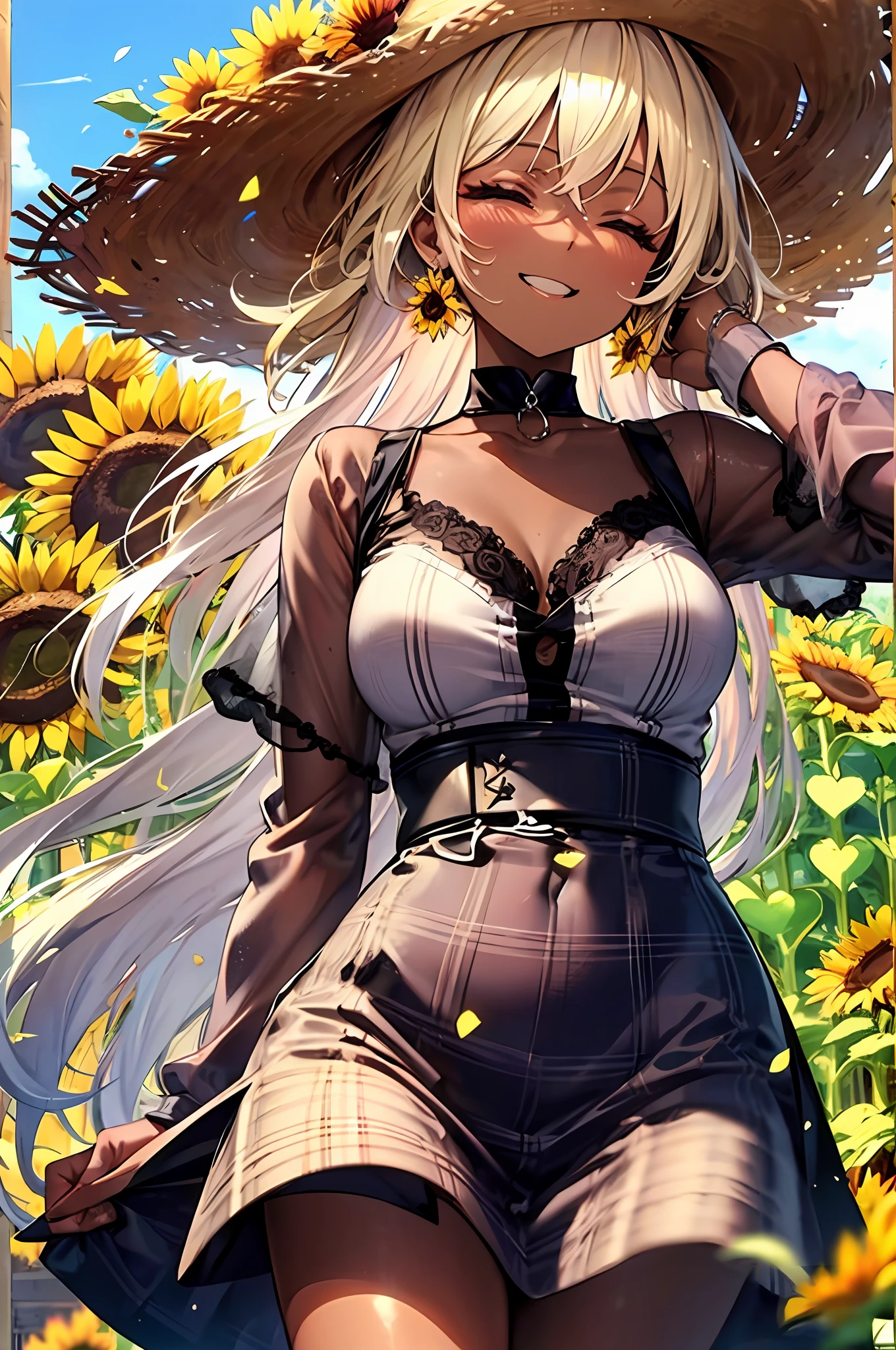 Highest quality, The Masterpiece, unbelievably beautiful, very delicate 8k wallpaper, Transcendently Beautiful Girl, gals, (dark skin), (long Blonde Hair Pink Gradient Hair), BREAK, Open your mouth and laugh smile, long eyelashes, makeup, closed eyes, BREAK, Straw hat, (Plaid one piece:1.3), (Sunflower field:1.2), hair and clothes fluttering in the wind,
