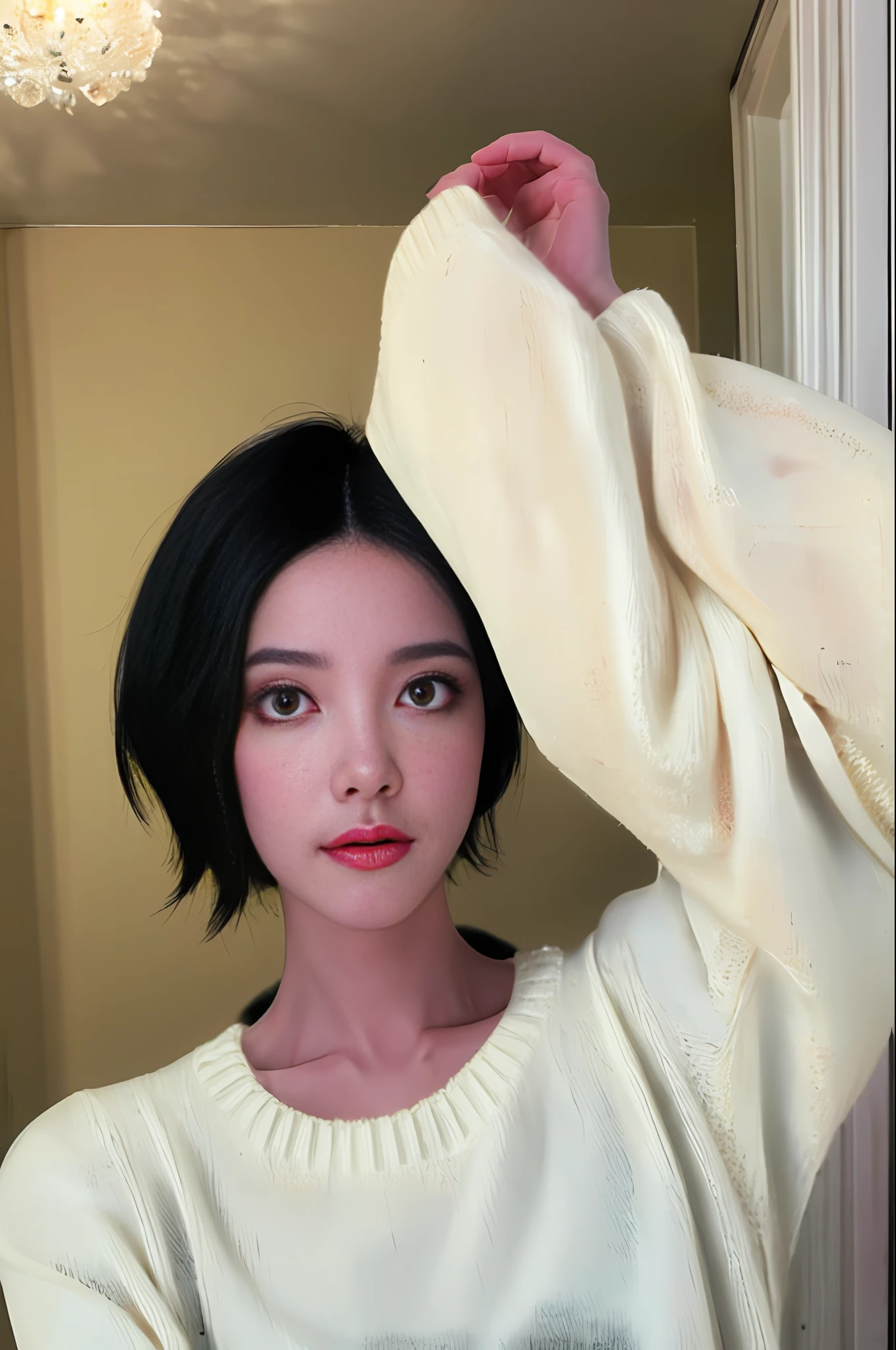 (masterpiece:1.3), (8k, photorealistic, RAW photo, best quality: 1.4), (1girl), beautiful face, (realistic face), (black hair, short hair:1.3), beautiful hairstyle, realistic eyes, beautiful detailed eyes, (realistic skin), beautiful skin, (sweater), absurdres, attractive, ultra high res, ultra realistic, highly detailed, golden ratio
