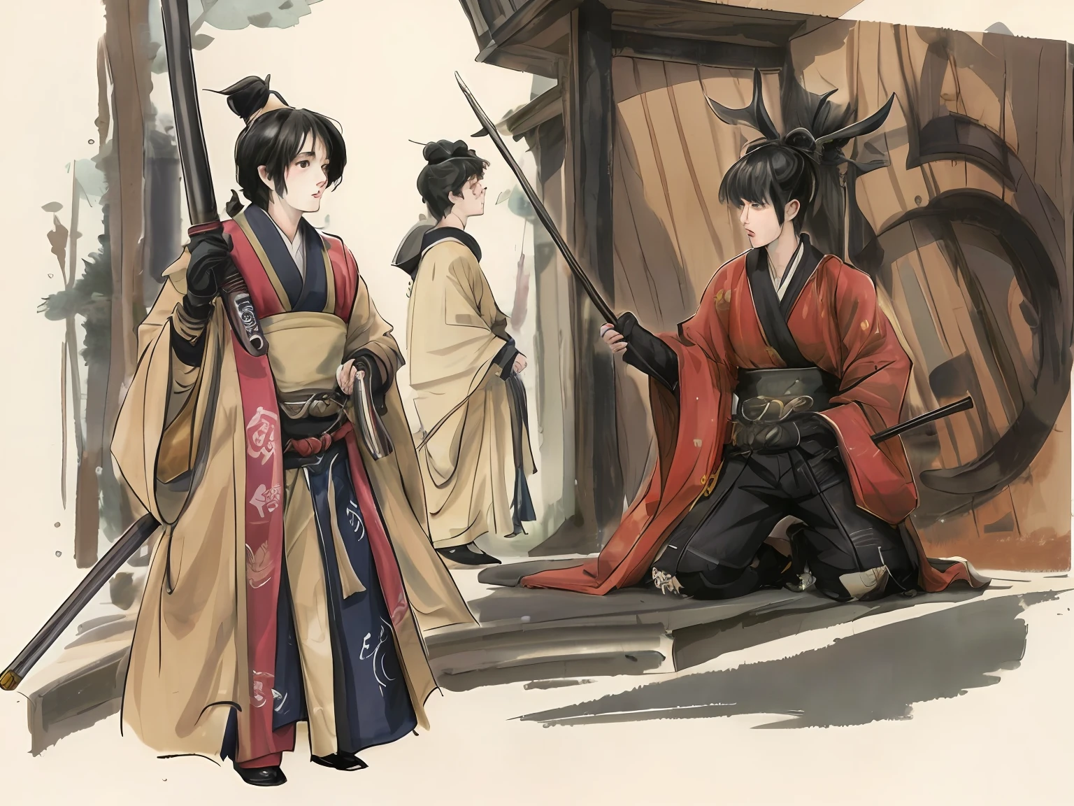 (++巨作，Best quality，Ultra-detailed, Extremely detailed++sketching),Bronze tingling wind，Traditional Chinese concept art，two guys,(2boy)，samurai clothing(Old samurai uniform+traditional japanese concept art+sengoku - era art style)，wearing hat+Man with a sword，Standing still in the background:1.3 infantry vehicles+Sengoku ancient weapons《Akabozu Suzuga Castle》,A very aggressive and surging feeling of blood，There is a hint of heroism in the violence.