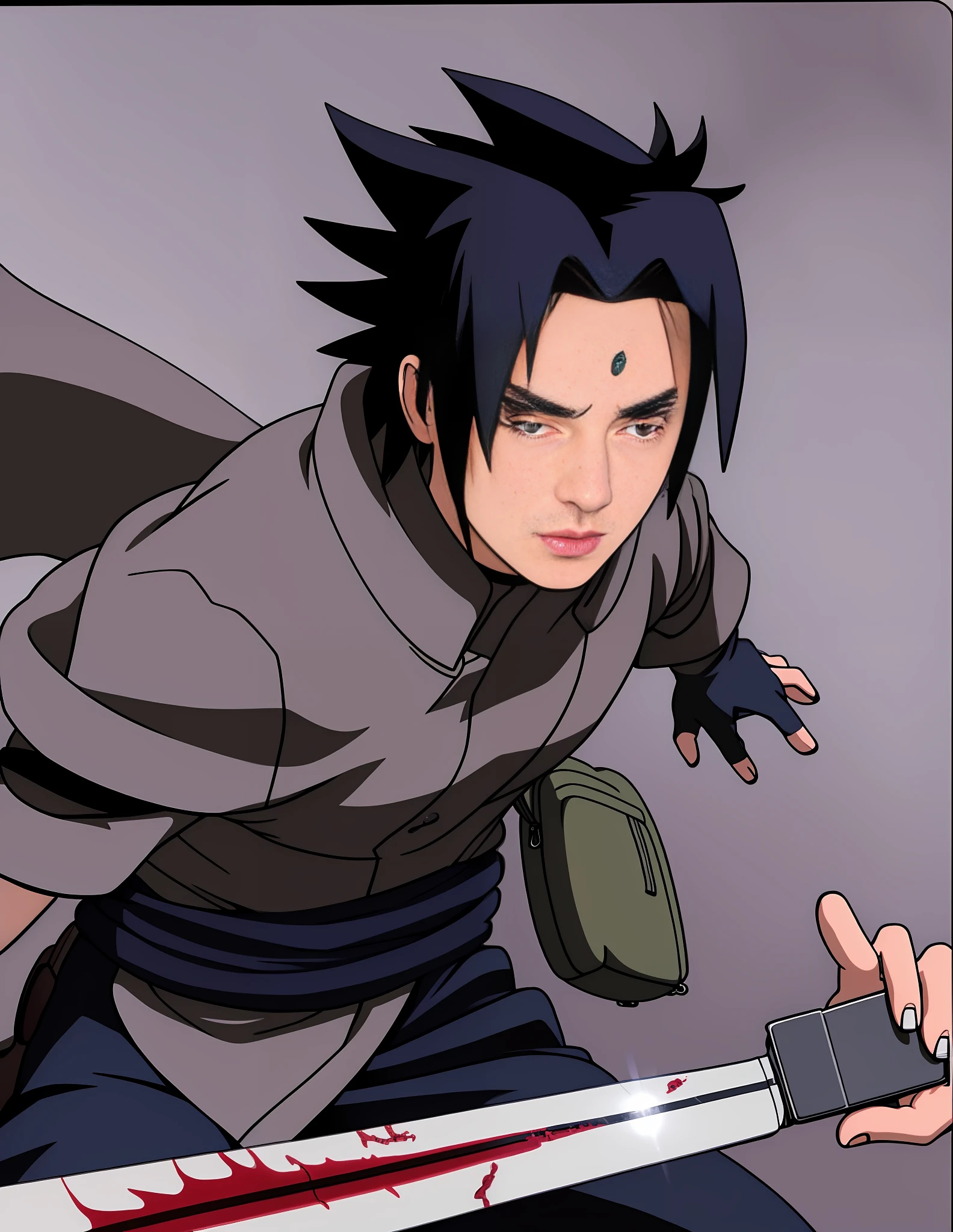 Uchiha youth dressed in Naruto ninja costume，With an iron Konoha village guard，Camera front angle，Face forward，Full body photo，Three hooks of jade blood wheel eyes，Sword eyebrows，Anime Eye，Arched lip，Standard nose，Saishi Kishimoto，a color，His hair is black with a bluish tinge，He wears a sword on his back，Uchiha sasuke，The bangs are divided into two handfuls, Long on the right，Short on the left，Resolute expression，With a bag around the waist