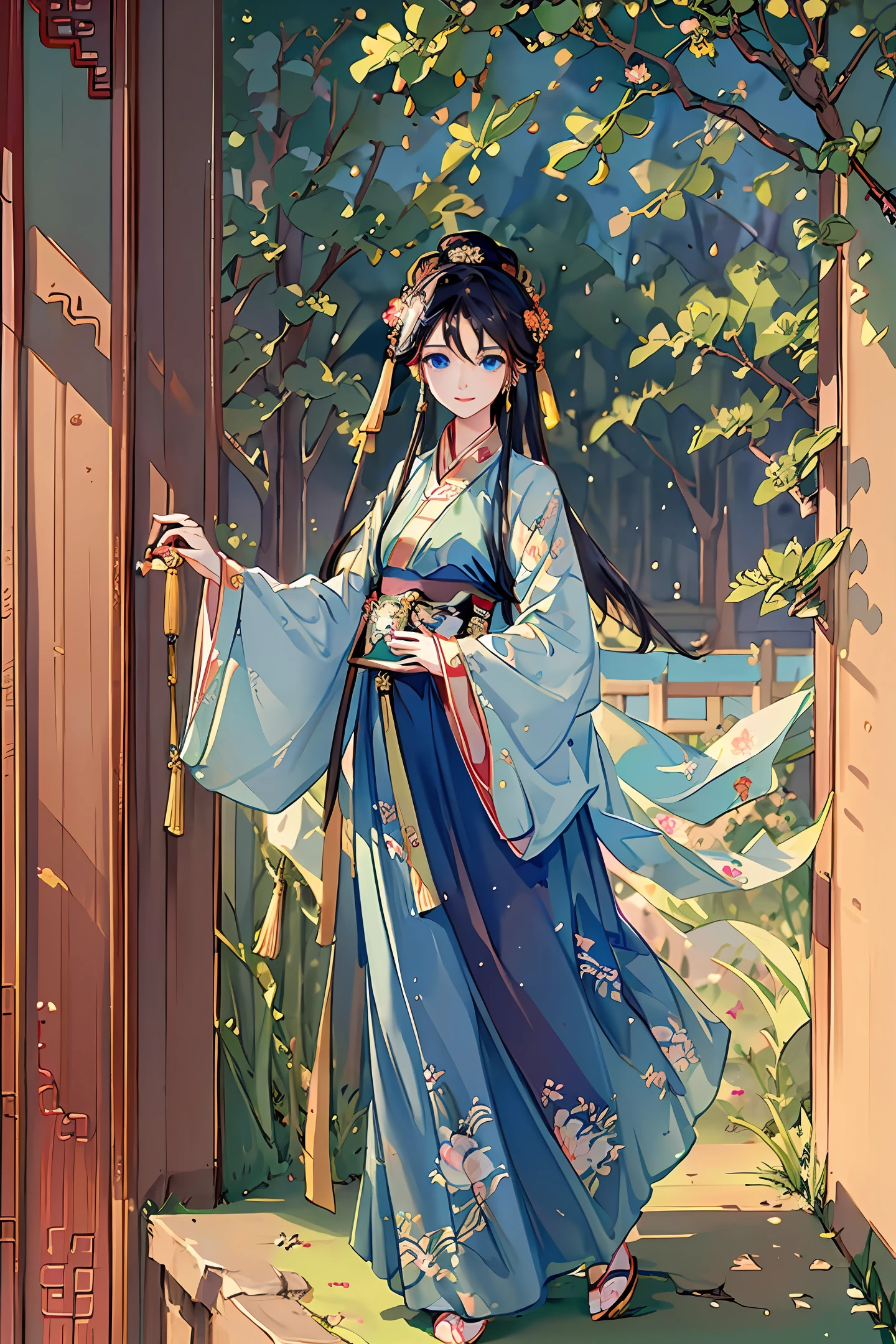 ((4k,masterpiece,best quality)), shuimobysim, Traditional chinese painting, lotuses, Hanfu, maxiskit, Leaking out of the shoulder, 1girl, Blue eyes, White Very Long Hair,hair straight, ssmile, standingn, Bumpy figure, bare footed,Leaking out of the thighs,looking to the camera,Young girls