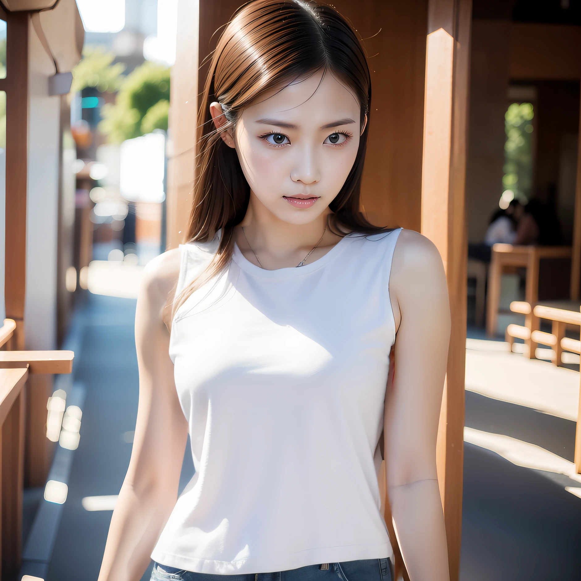 Denim jacket with white T-shirt and shorts