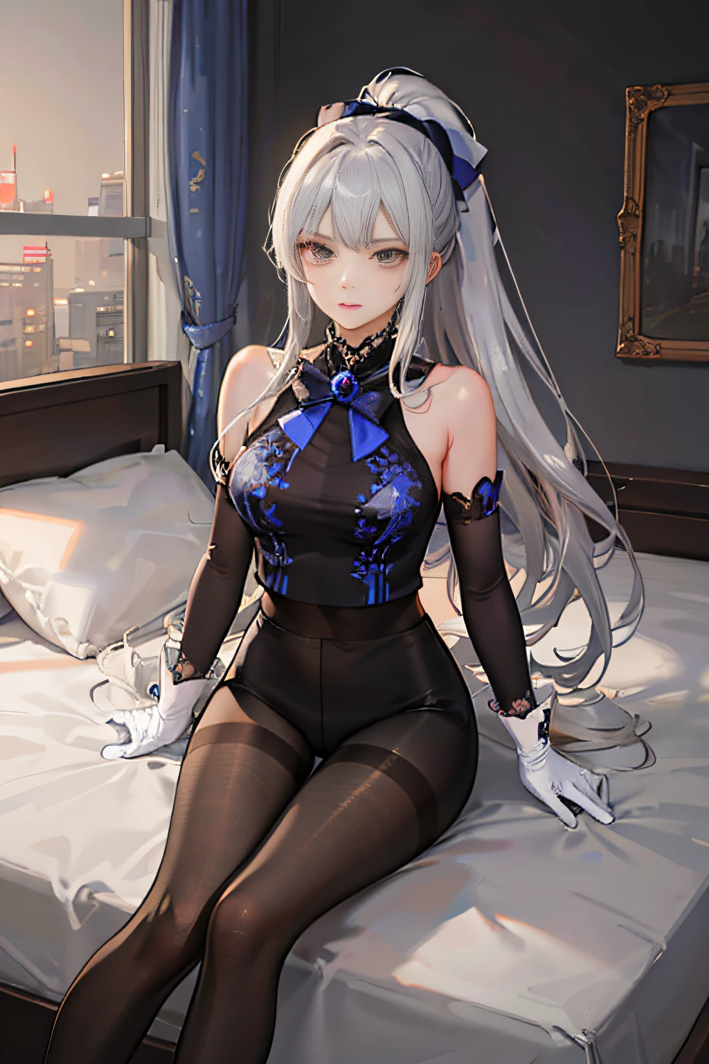 (((1 girl)),ray tracing,(dim lighting),[detailed background (bedroom)),((silver hair)),((silver hair)),(Fluffy silver hair, plump slender girl)) with high ponytail)))) Avoid blonde eyes in the ominous bedroom ((((Girl wears intricately embroidered black high-waisted pants with pantyhose) and white ruffled bow gloves), showing a delicate slim figure and graceful curves, correct limbs, sitting on the bed