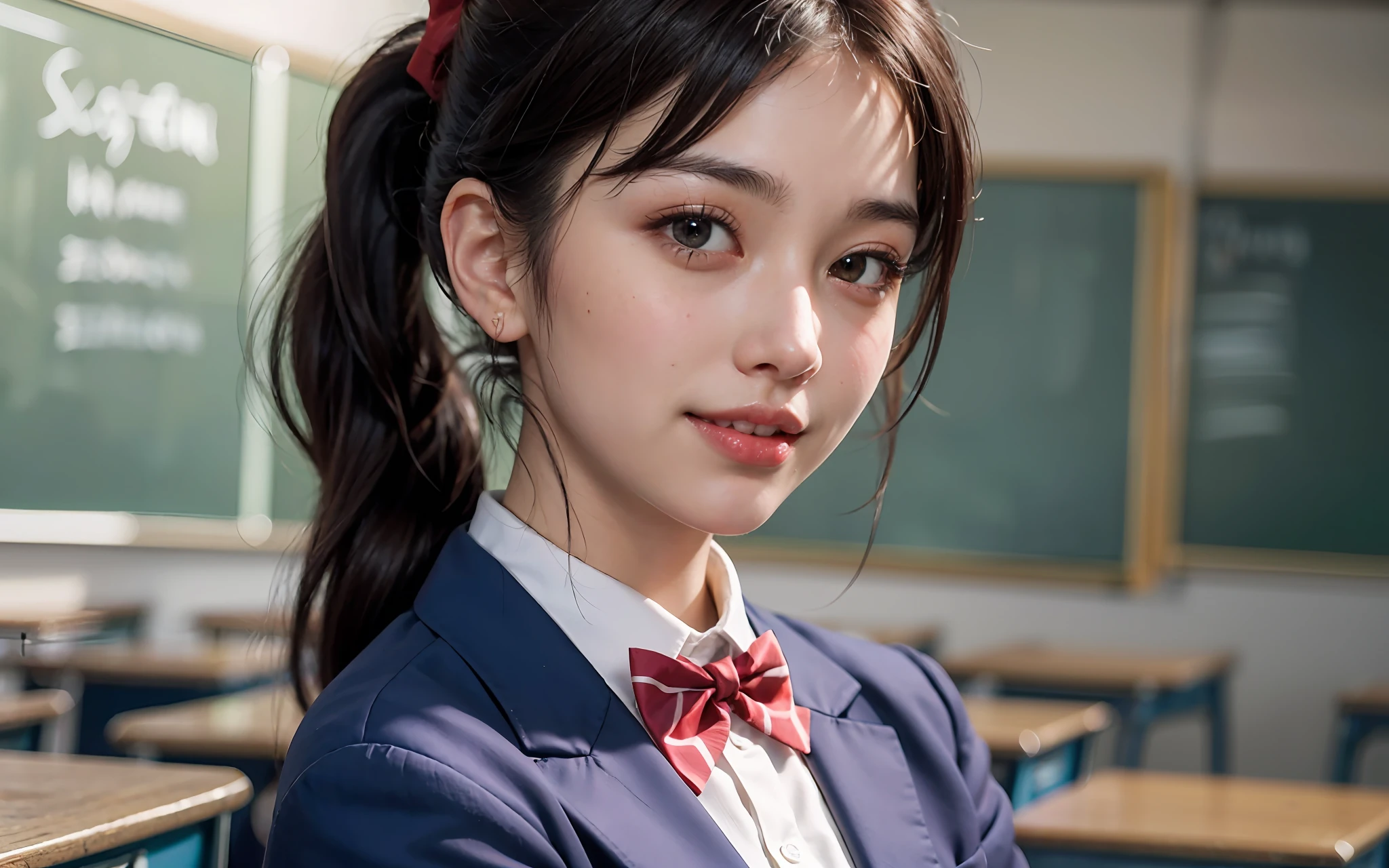 ((​masterpiece))), (((beste-Qualit))), ((ultra-detailliert)), (A hyper-realistic), (High Definition CG Illustration), Cinematic Light, Hphotorealistic,Very beautiful 16 years old、((Multiple people:1.2))、((Upper body body))、((Good anatomy:1.2))、((Dark blue blazer:1.2))、((High school girl chatting with friends in classroom:1.2))、((Happy look、great laughter、Very red cheeks))、((Dark brown hair、Ponytail hair))、Detailed eye、detailed face with、kawaii、Beautiful skins、((a bow tie))、((Random hair、Random Face))、Detailed fabric texture、(Japan Schools、Bright classroom、blur backgroun)、Soft light、Don't expose it