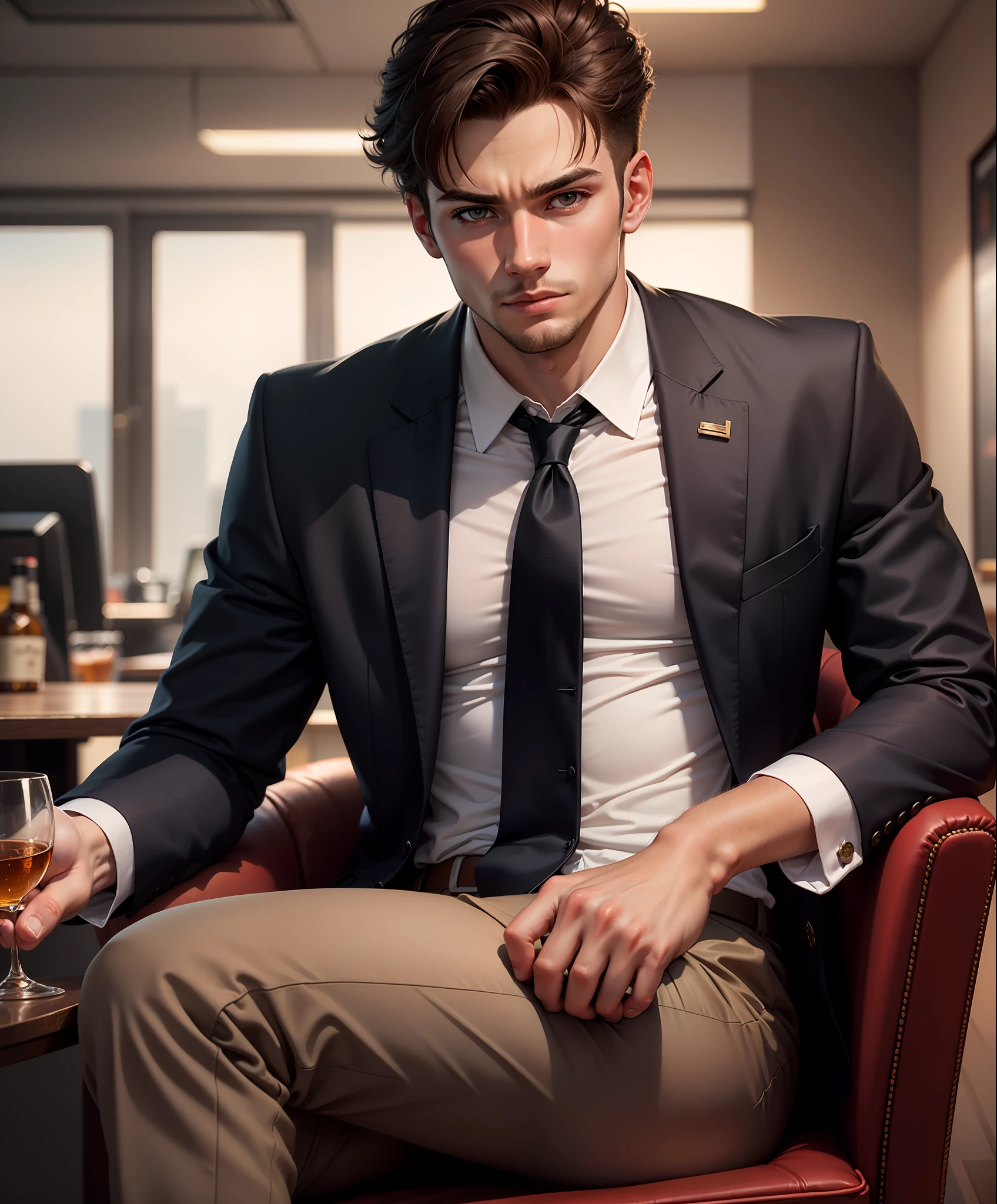 Sexy white athletic young man with brown eyes and short brown hair, wearing a black suit with red tie sitting in a brown armchair with a glass of whiskey in one hand, office background. Realista, 4k, hiperealista, melhor imagem.