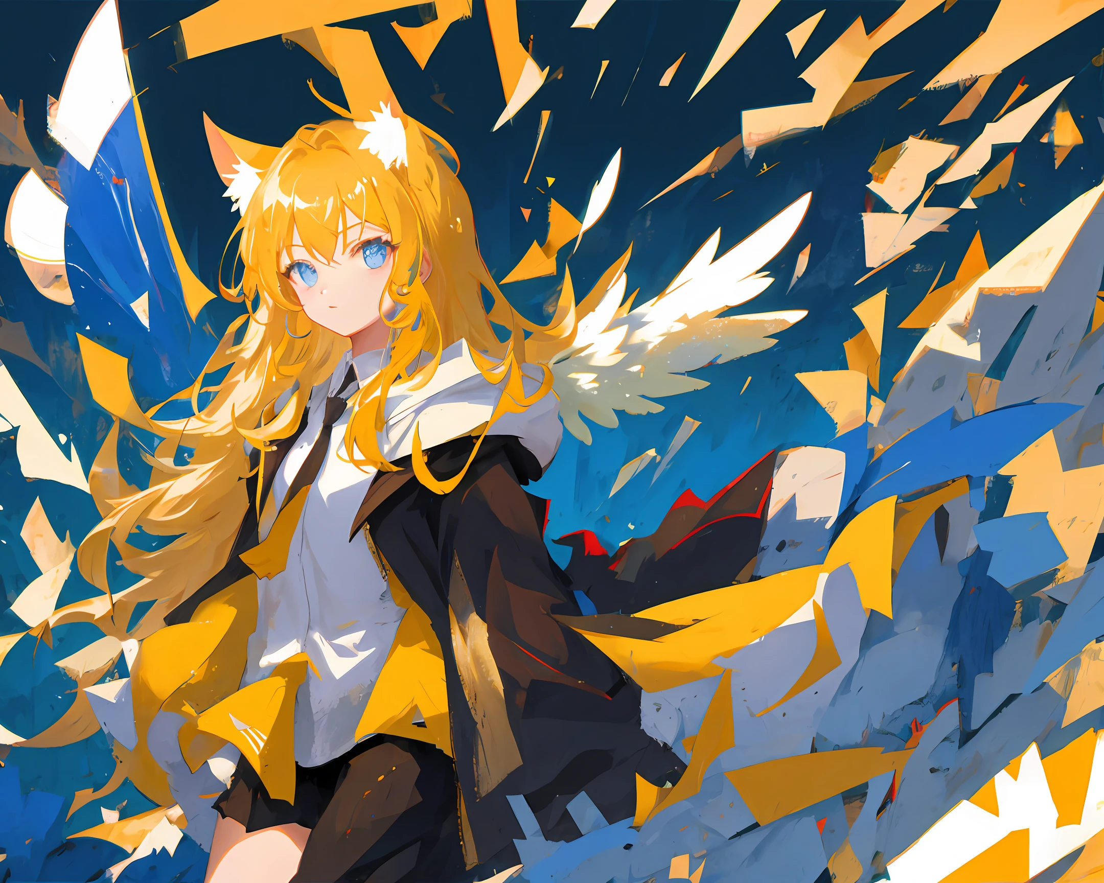 yellow long hair，blue Cat eyes，wings，animel，Regil