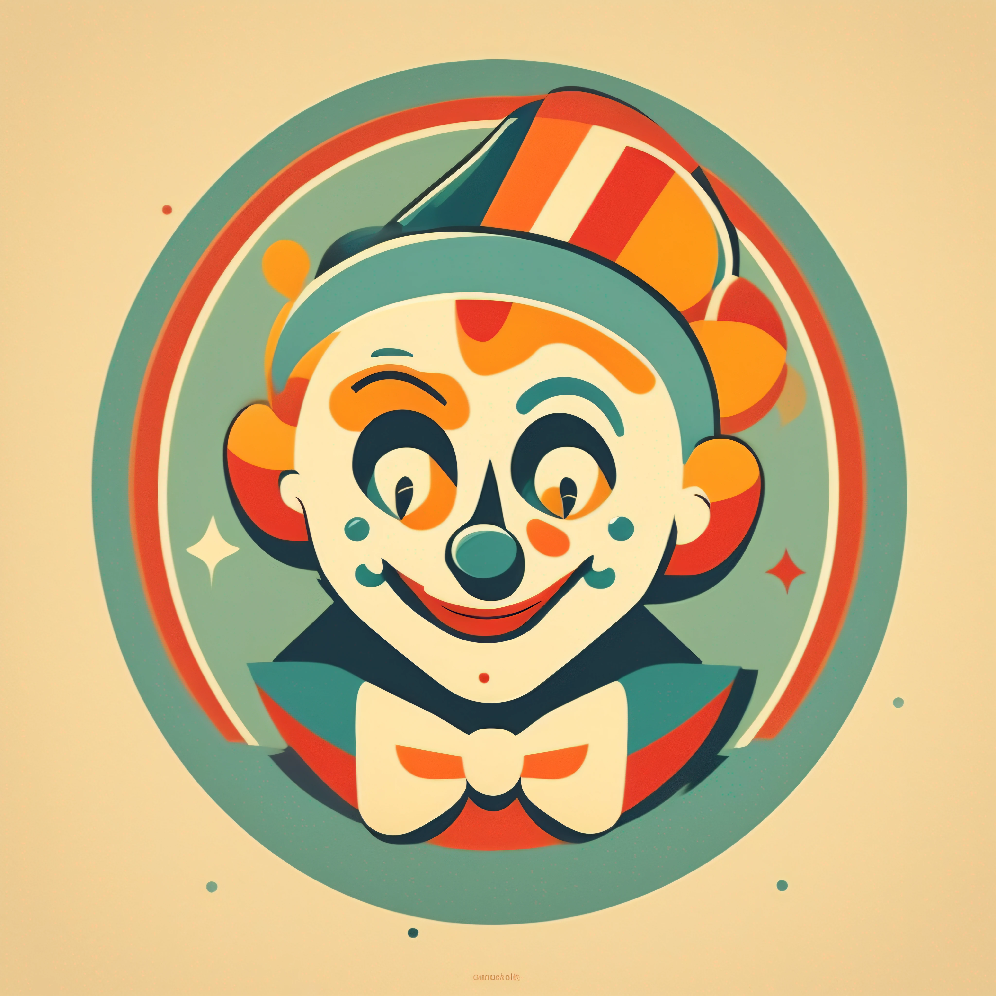 A minimalist vectorized logo inspired by Max Fleischer's vintage animation style. Features an iconic clown, com linhas definidas, centered and flat dashes. Cores vibrantes, Sharp contours and simplified elements evoke the artist's aesthetic.