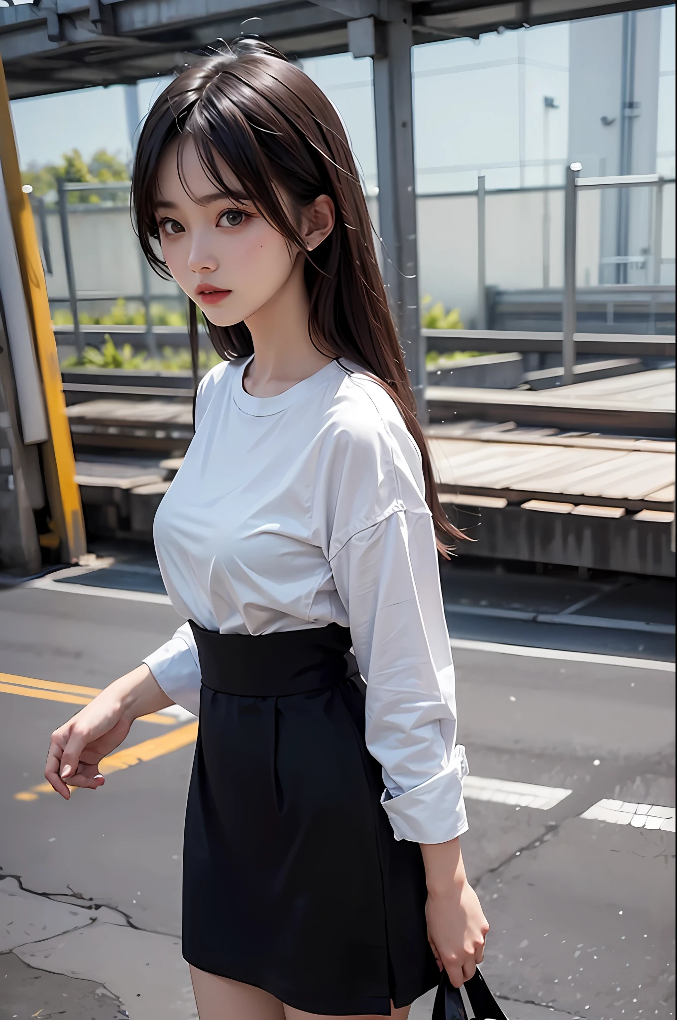 Bridges,Girl posing for photo in baggy white shirt and black dress,Slim girl model,24 years old female model,dual horsetail,
