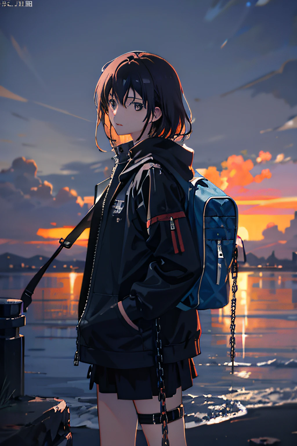 2girls，jaket，Sateen，exteriors，hoody，Open jacket，chain，backpacks，Look at the other person，dishevled hair，Trends on Artstation，8K分辨率，in great detail，anatomically correcte，Sharp Images，digitial painting，concept-art，Trends on pixiv，Estilo de Makoto Shinkai，