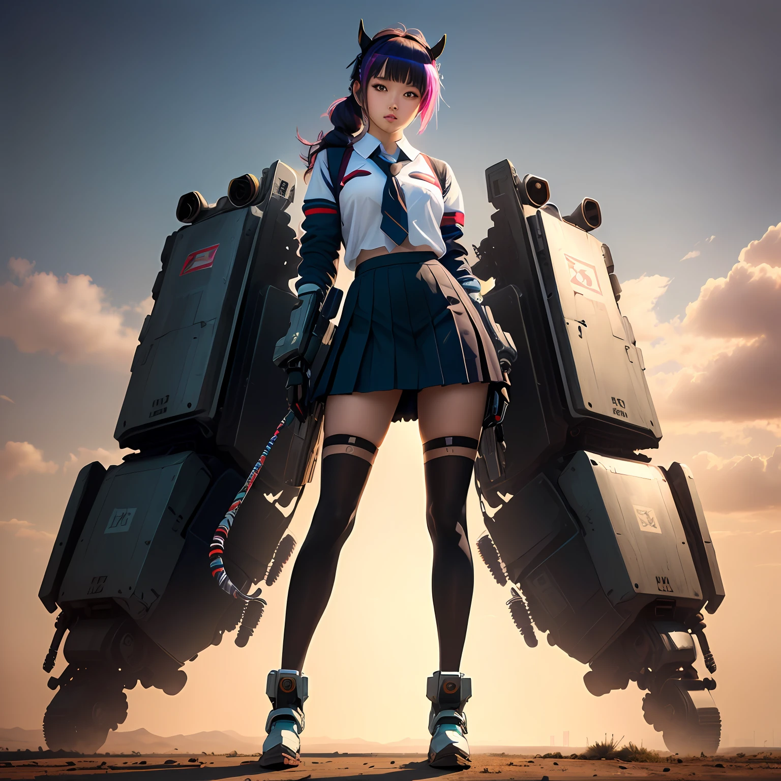 girls，mechs，cyber-punk，dual horsetail，solo person，Full body photo