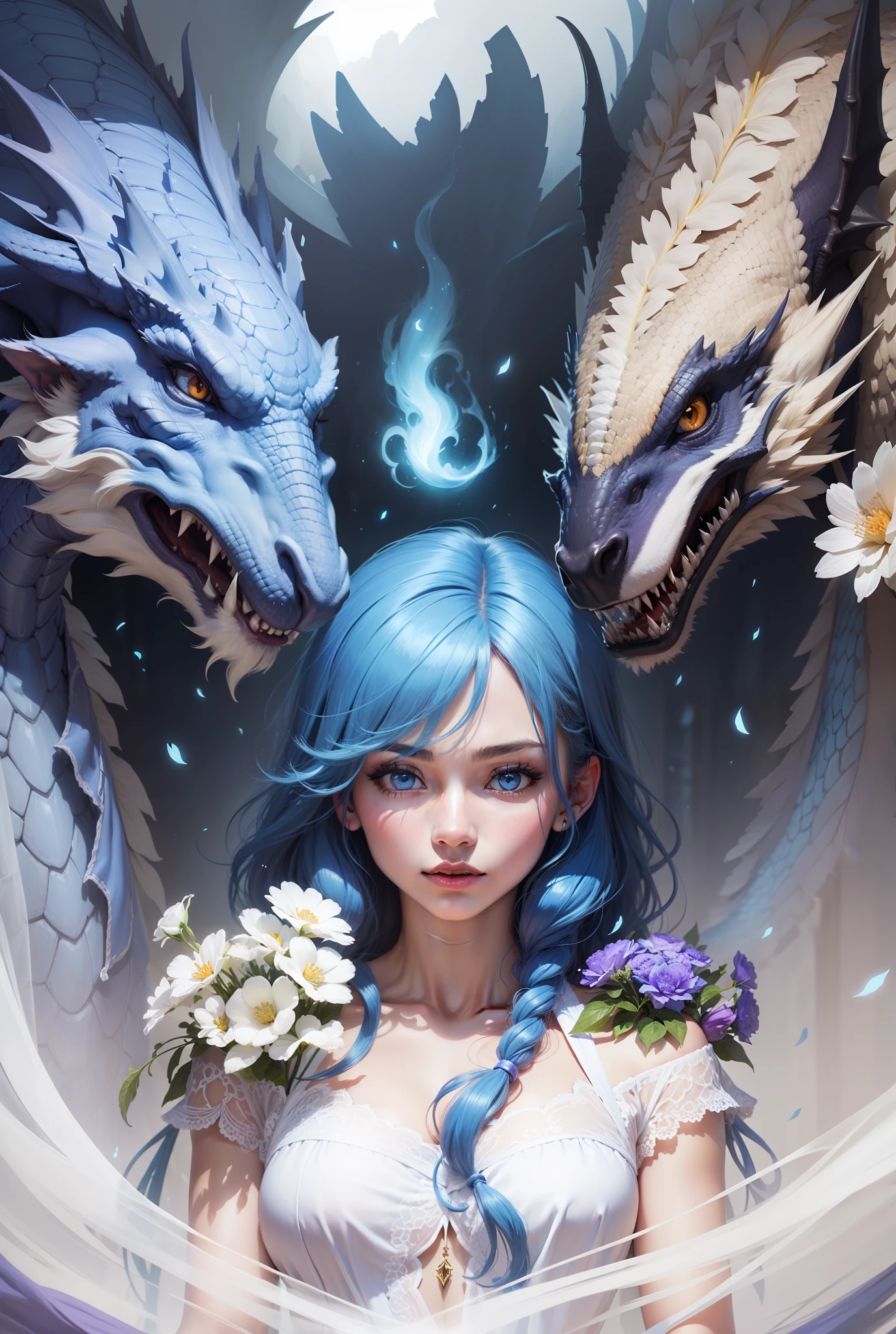 Blue Western dragon，blue  hair，Blue eyes，White dress，Purple flowers