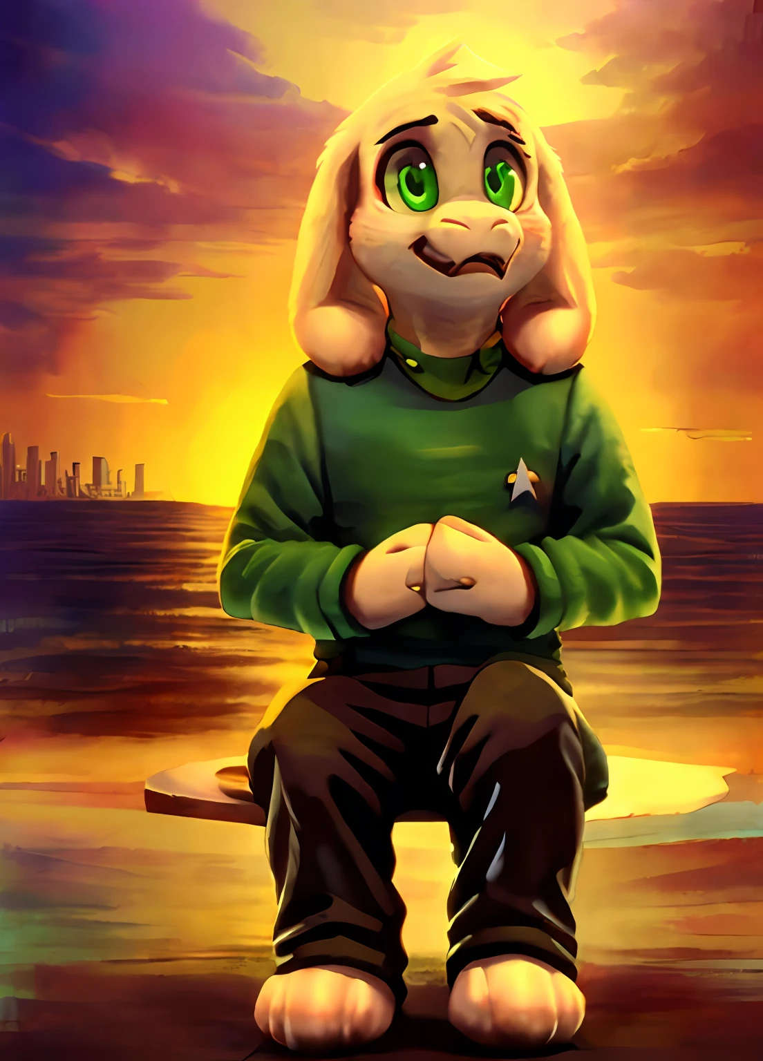 1boy,(( )), green t-shirt, pants, solo, sit, sunrise, city, (green t-shirt, brown pants), (best quality, ultra-detailed, best illustration, masterpiece, high res, professional artwork, famous artwork), realistic paint, (insane detailed eyes, green shine eyes), white fur, detailed realistic painting, male, detailed white fur, asriel, portrait, detailed hands, shaded, four fingers, insane details, looking forward, cartoon, cute 

ds9st uniform