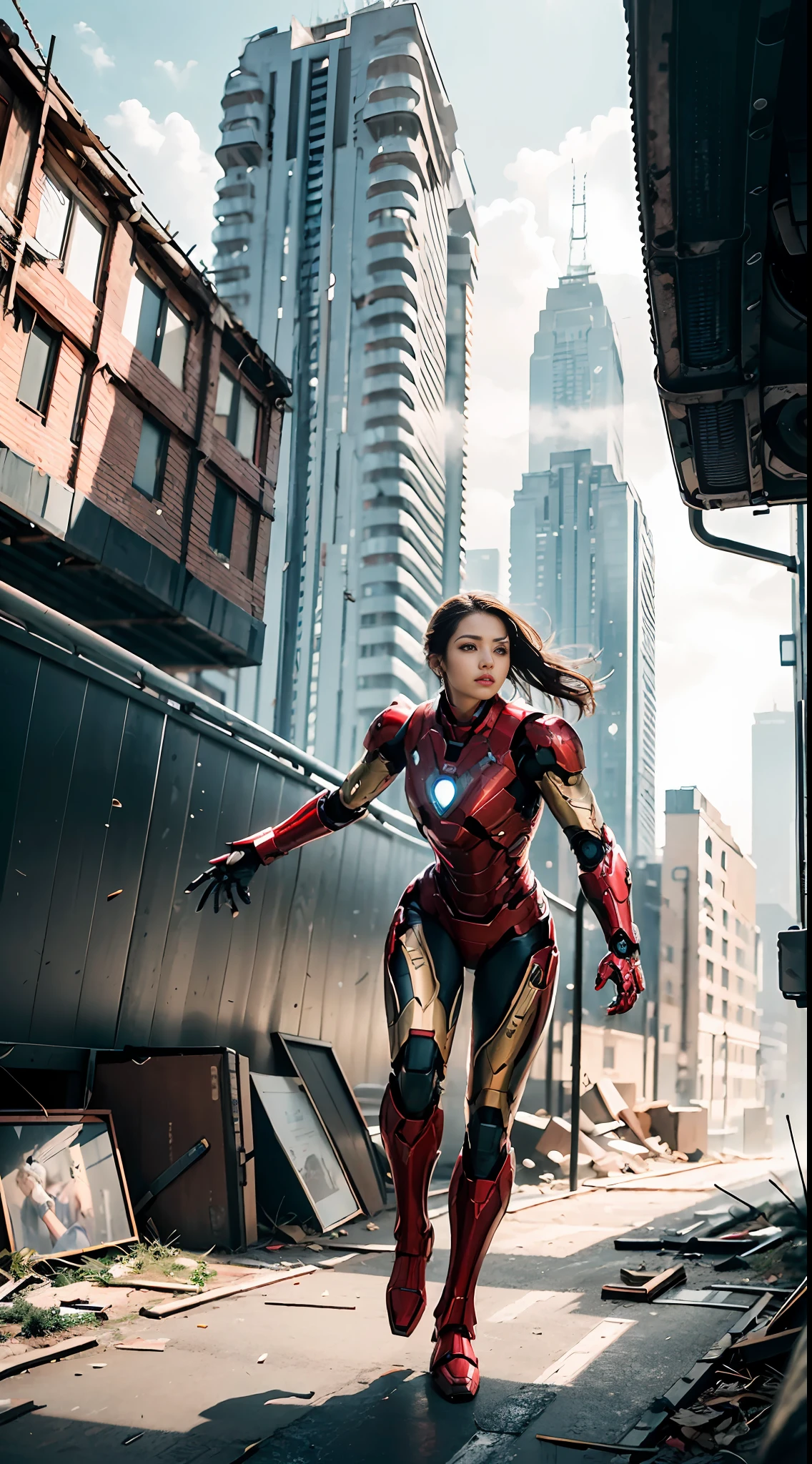 RAW, Masterpiece, Ultra Fine Photo,, Best Quality, Ultra High Resolution, Photorealistic, Sunlight, Full Body Portrait, Stunningly Beautiful,, Dynamic Poses, Delicate Face, Vibrant Eyes, (Side View) , she is wearing a futuristic Iron Man mech, red and gold color scheme, highly detailed abandoned warehouse background, detailed face, detailed and complex busy background, messy, gorgeous, milky white, high detailed skin, realistic skin details, visible pores , sharp focus, volumetric fog, 8k uhd, dslr camera, high quality, film grain, fair skin, photorealism, lomography, sprawling metropolis in futuristic dystopia, view from below, translucent