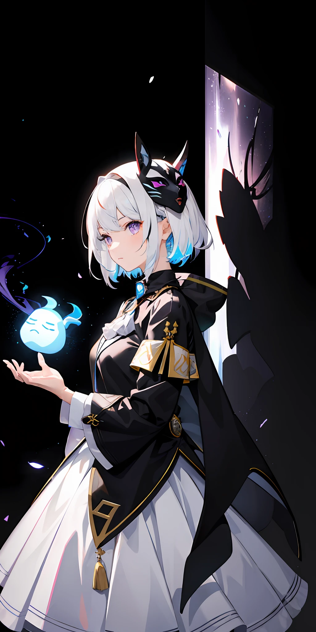 1girl, white hair, multicolored hair, purple eyes, mask on head, sidelighting, light particles, wallpaper,