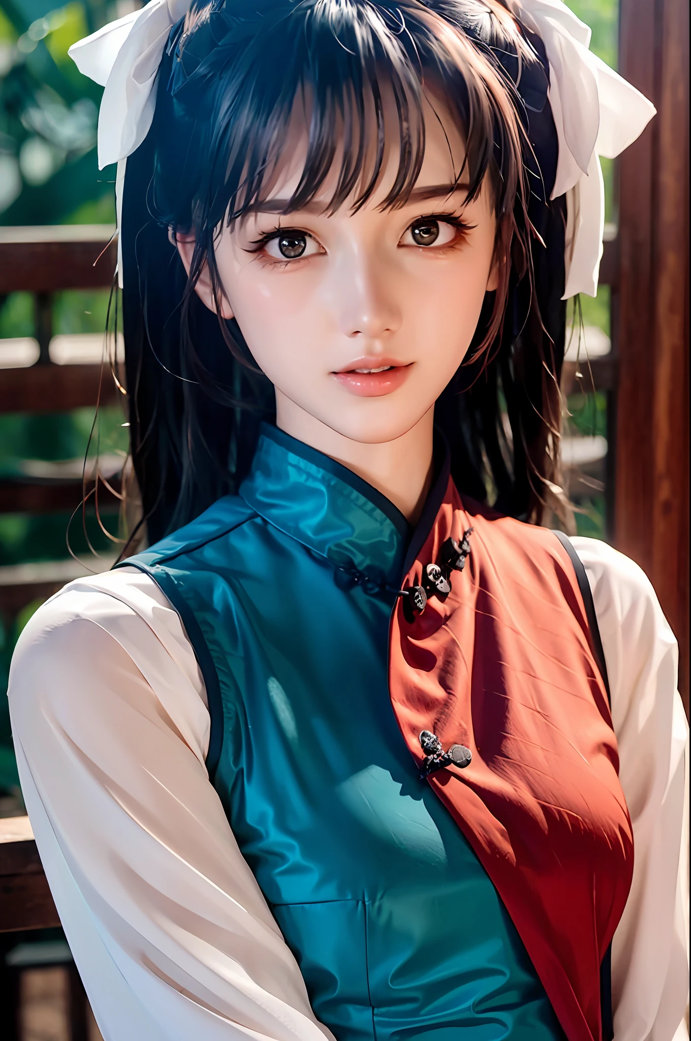 There is a girl in a green dress, plum blossoms, palaces, oriental architecture ray tracing, {best quality}, {{masterpiece}}, extremely detailed 8K wallpaper, {an extremely delicate and beautiful}, colorful, intricately detailed, Realistic, real, camera quality, (detailed depiction of clothes), cool white skin, (detailed depiction of blush), 1080p, sun, soft cuteness, smooth light silver hair, messy beauty, lighting, broken feeling, bright and silky skin , 3D stereoscopic, masterpiece, best quality, super fine illustration, beautiful eyes, very fine light, fine glow, very fine 8K CG wallpaper, peach eyes, red pupils, an extremely delicate and beautiful girl, 8k Wallpaper, best quality, full body close-up, white long dress, luxurious silky bright red chiffon floodlight (magic, glitter, ultra-thin, soft,) Hanfu