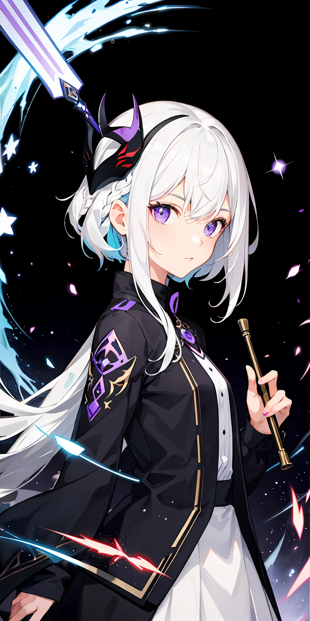 1girl, white hair, multicolored hair, purple eyes, mask on head, sidelighting, light particles, wallpaper,