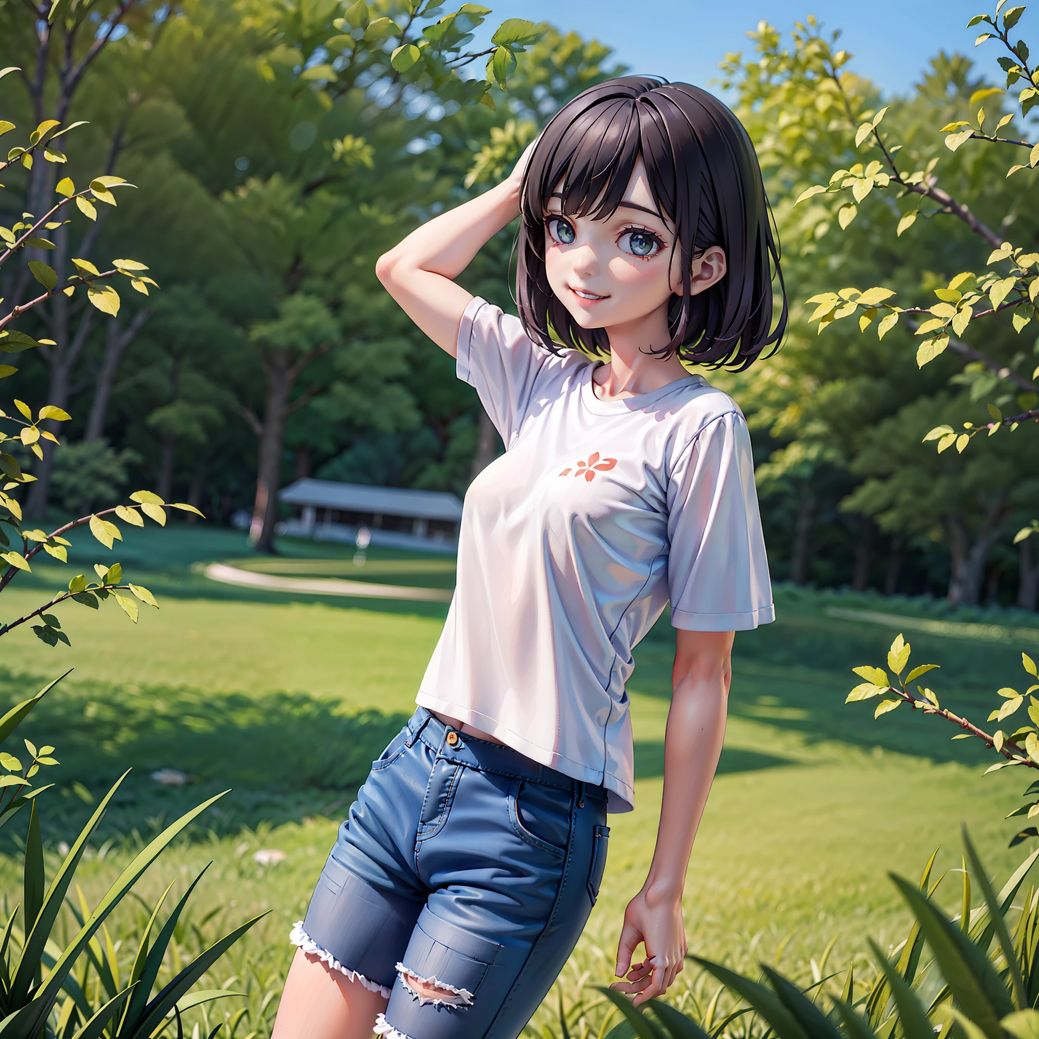 (Picture quality and style)Best picture quality,Fresh and beautiful,(Screen Principal)A girl,With a smile on his face,(Character characteristics)with short black hair,Beautiful facial features,Plain white T-shirt,ripped jeans,(Scenes and details)The summer sun shines warm light and shadow through the leaves,Green grass,The surface of the lake ripples,A gentle breeze,The smile is fresh and natural。