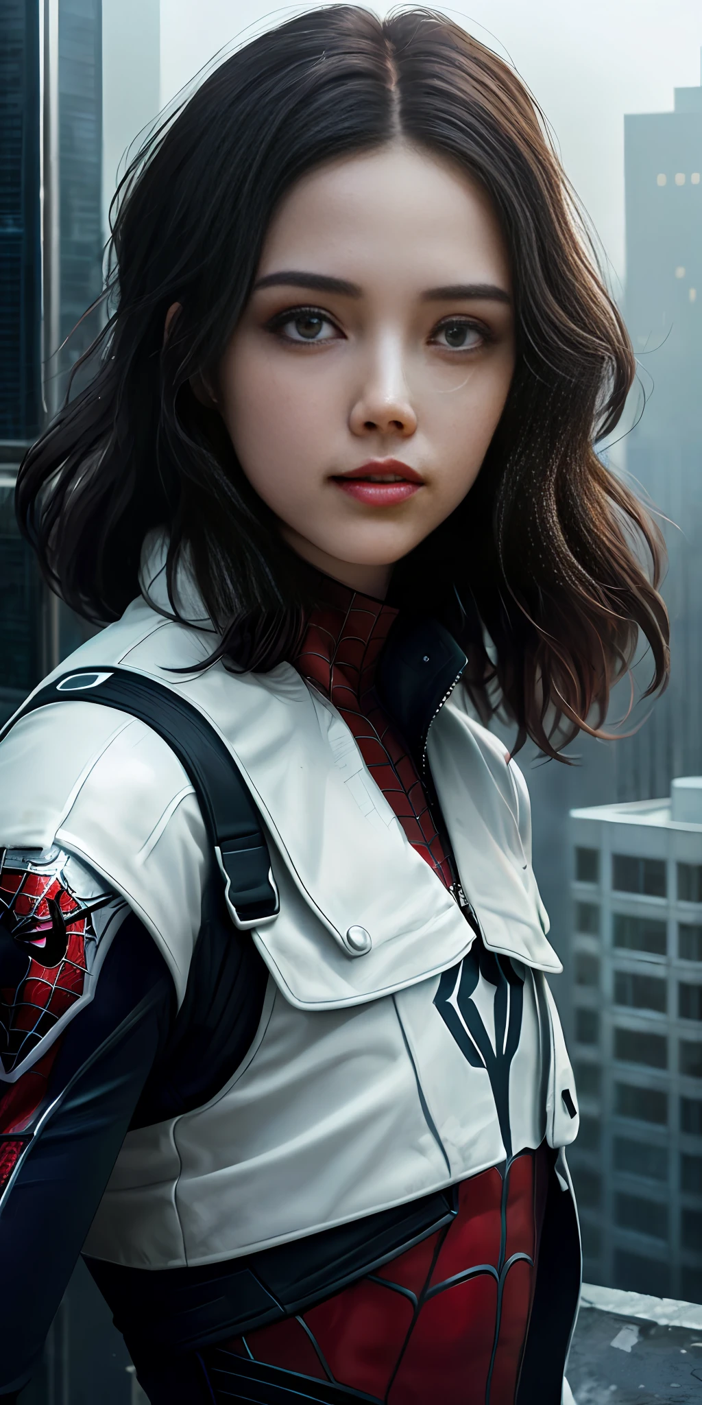 (1girl:1.3), Solo, (((Very detailed face)))), ((Very detailed eyes and face)))), Beautiful detail eyes, Body parts__, Official art, Unified 8k wallpaper, Super detailed, beautiful and beautiful, beautiful, masterpiece, best quality, original, masterpiece, super fine photo, best quality, super high resolution, realistic realism, sunlight, full body portrait, amazing beauty, dynamic pose, delicate face, vibrant eyes, (from the front), She wears Spider-Man suit, red and black color scheme, spider, very detailed city roof background, rooftop, overlooking the city, detailed face, detailed complex busy background, messy, gorgeous, milky white, highly detailed skin, realistic skin details, visible pores, clear focus, volumetric fog, 8k uhd, DSLR, high quality, film grain, fair skin, photo realism, lomography, futuristic dystopian megalopolis, translucent