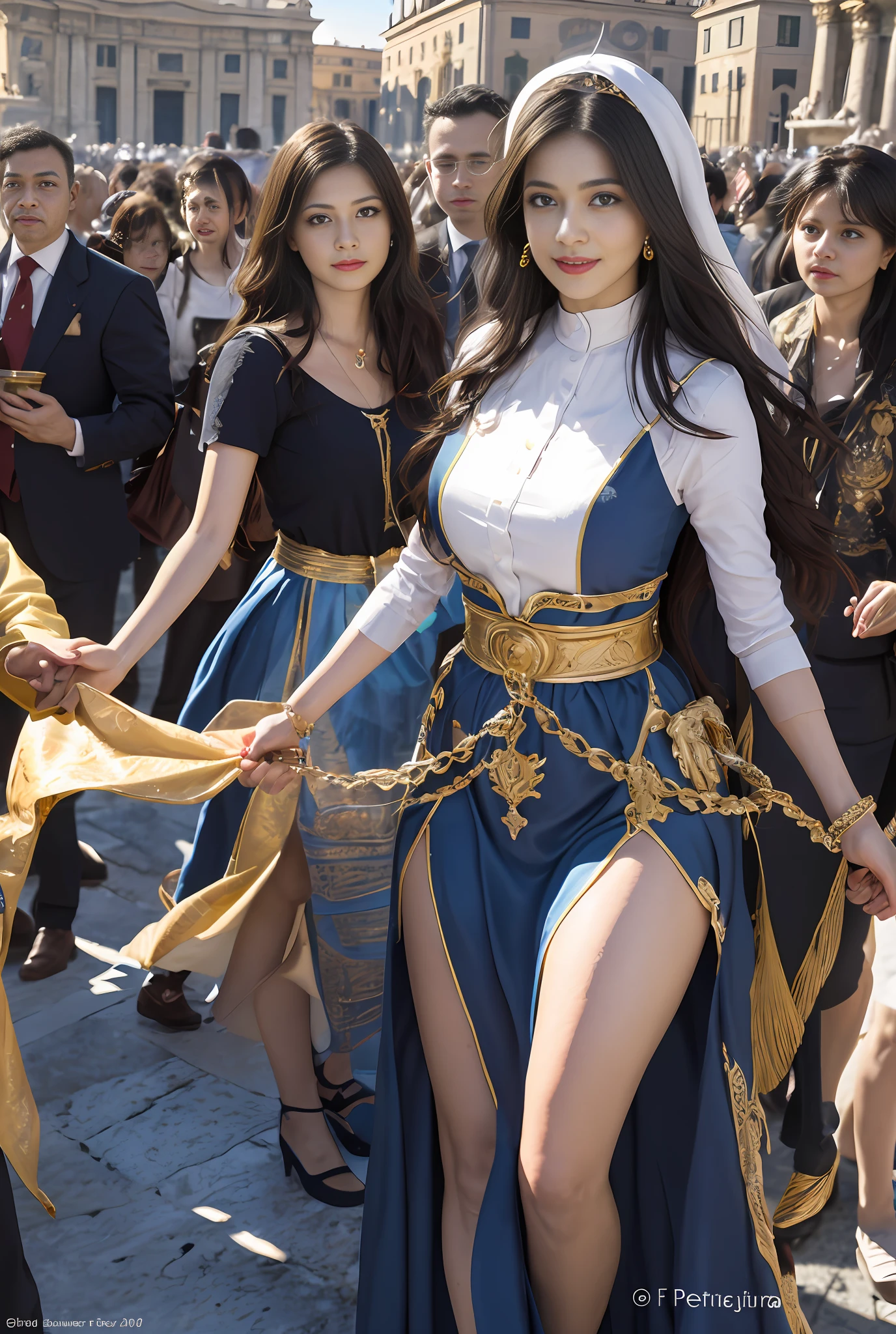 (巨作, Best quality, Realistic),
1girlhugebreasts,(on the St. Peter's Square of Vatican,crowd of), sankta. Peter's Square of Vatican background,gypsy dress,(Princess Eyes,shiny pupils),Dancing,  Gold, banquet, crowd of, picking up skirt,
[Slight smile],